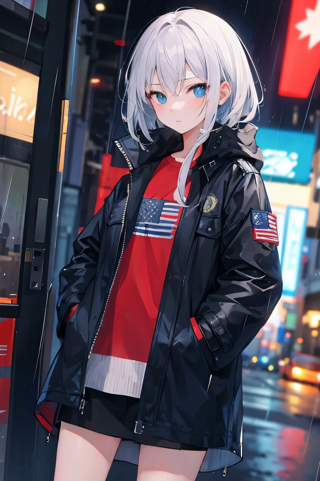 1 girl,City of night,rain,coat,put one&#39;s hand in one&#39;s pocket　United States Flag　thunder　