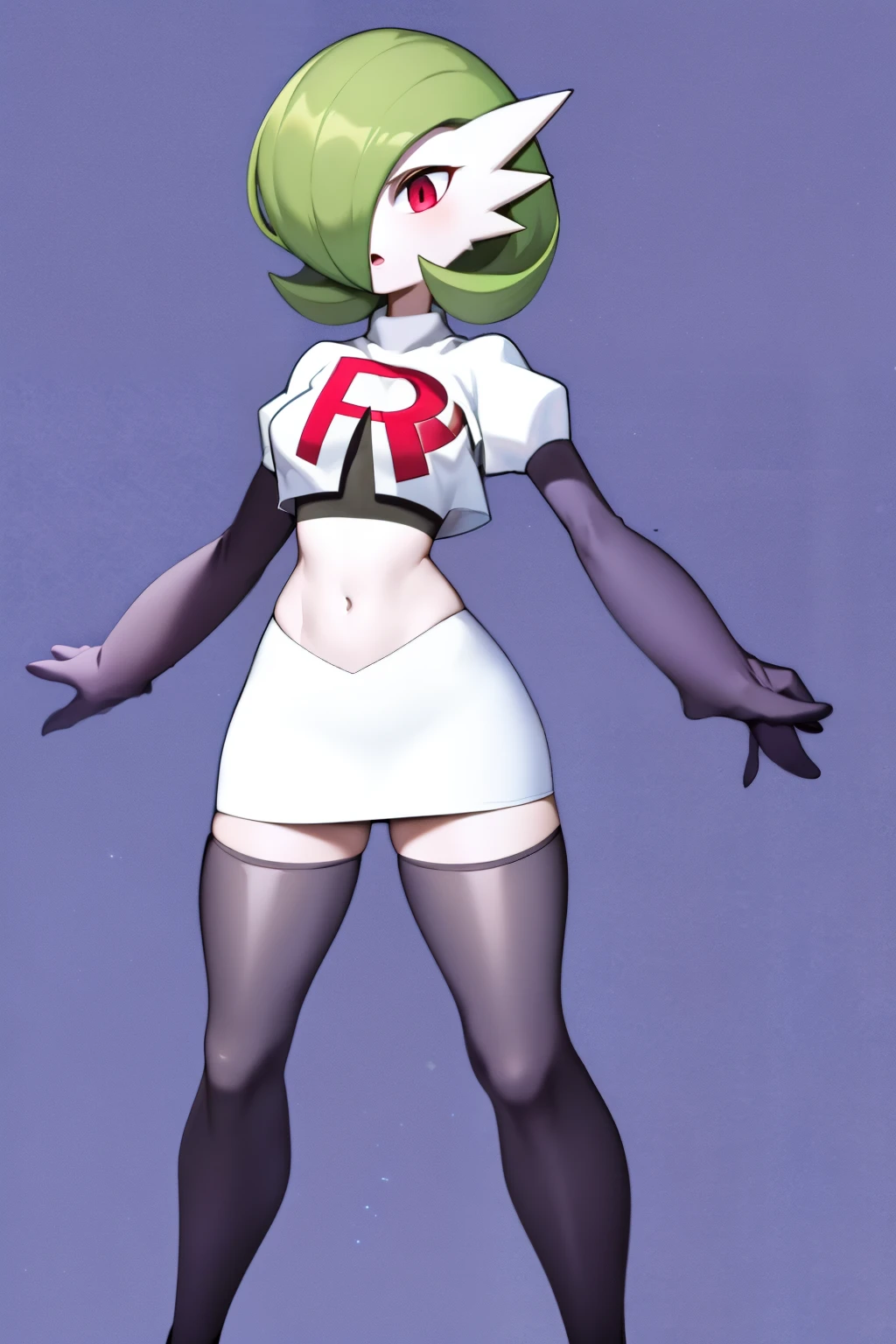 masterpiece, best_quality, 1girl, solo, gardevoir, creatures \(company\), game freak, nintendo, pokemon, pokemon \(game\), bangs, colored skin, female focus, gen 3 pokemon, green hair, green skin, hair over one eye, multicolored skin, pokemon \(creature\), red eyes, short hair, two-tone skin, white skin, team rocket,team rocket uniform,white skirt,red letter R,crop top,black thigh-highs,black elbow gloves