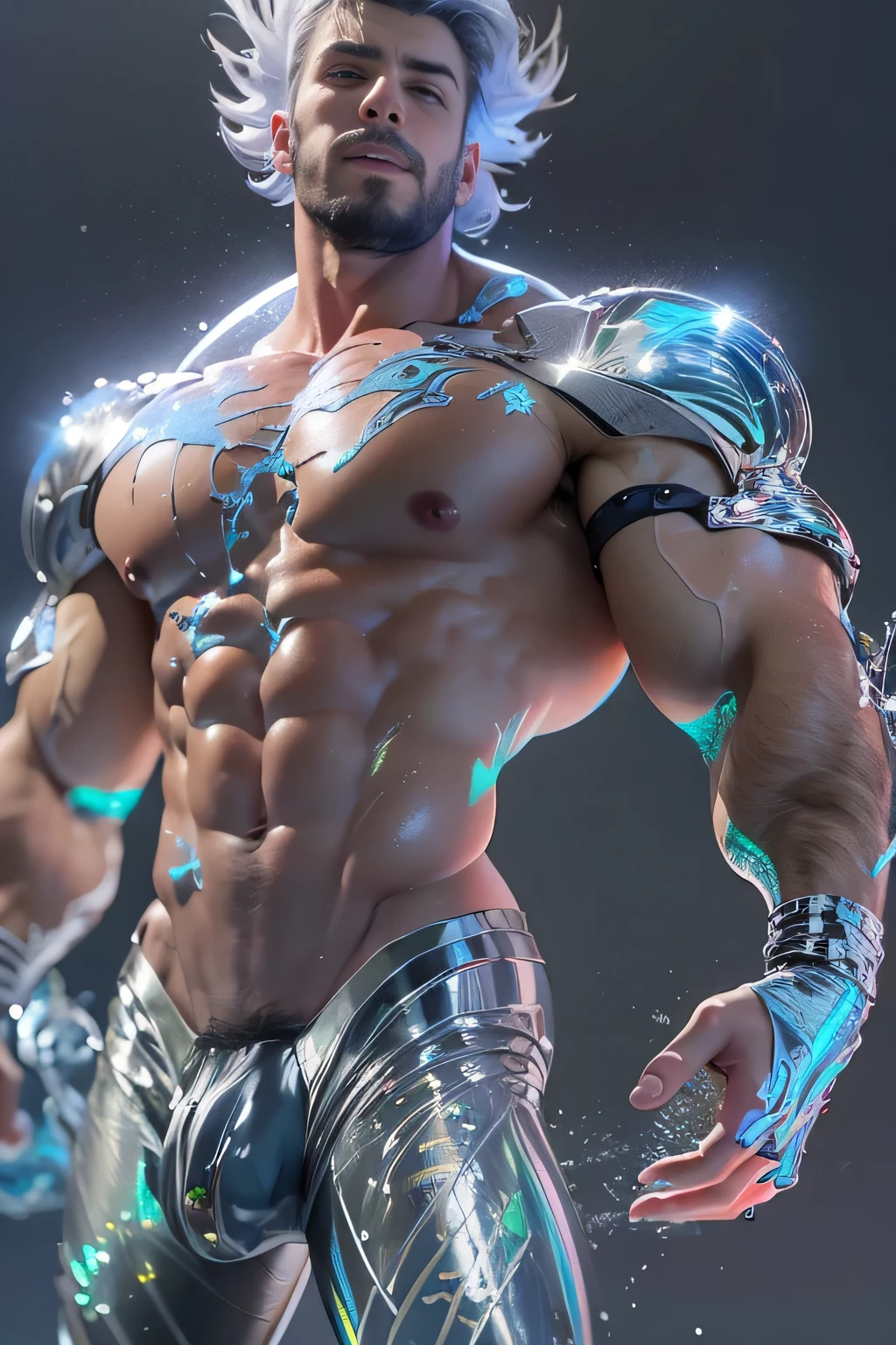 (mid_shot:1.3),(1 male:1.2),(muscle man:1.1),(frontal illumination:1.2),with a silver body and glitters with lights above,extreme iridescent reflection,in the style of vray tracing,vibrantmanga,shiny/ glossy,rococo pastel,fluid form,tinycore,fluid impressions,vray,machine aesthetics,yanjun cheng,silver,shiny eyes,fluidform.,the young warrior,male characteristics, detailed bulge, vpl, beard, bulge, nice bulge