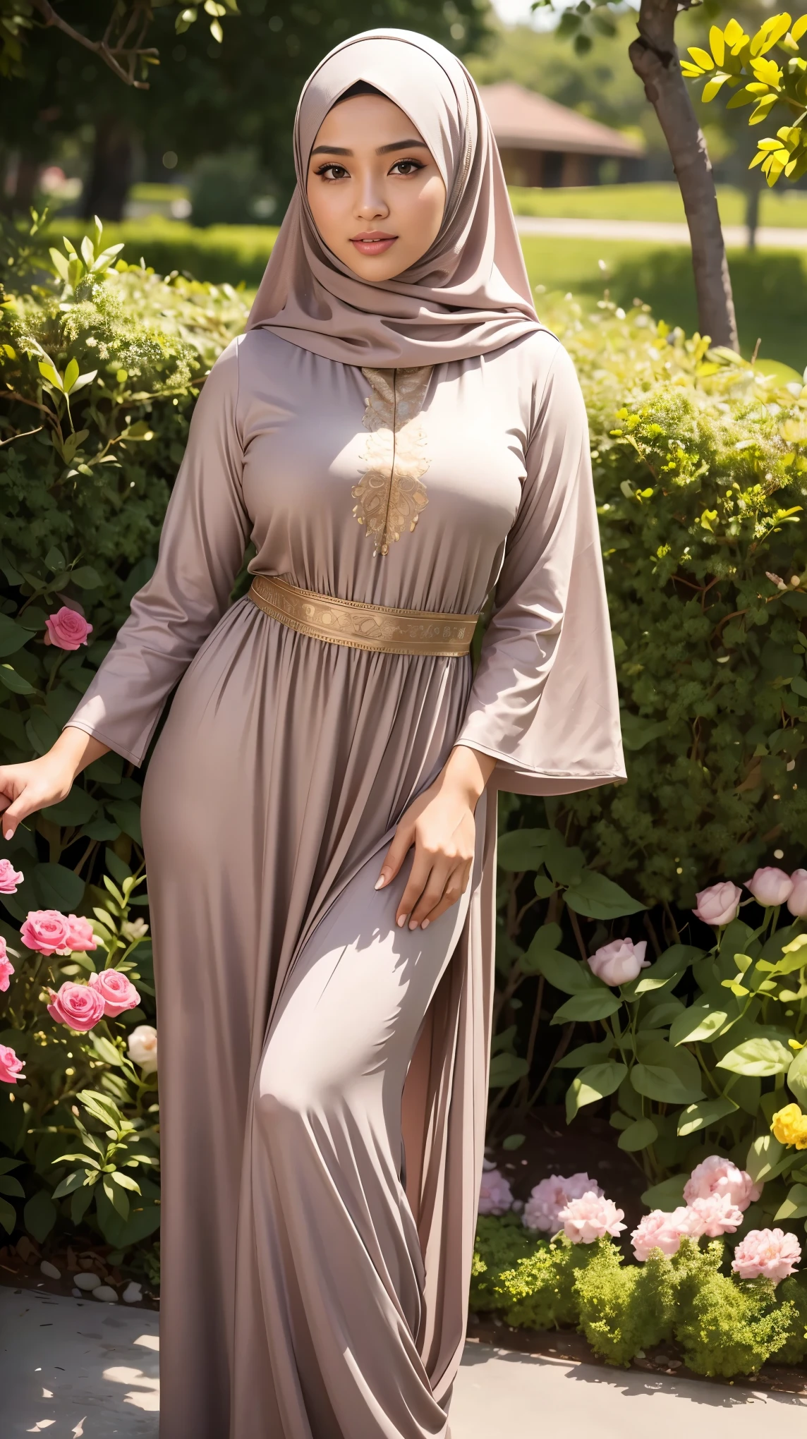 RAW, Best quality, high resolution, Masterpiece: 1.3), Beautiful Malay woman in hijab,Masterpiece, best quality,8k, brown eyes, perfect eyes,big breasts,long baju kurung,Garden flower