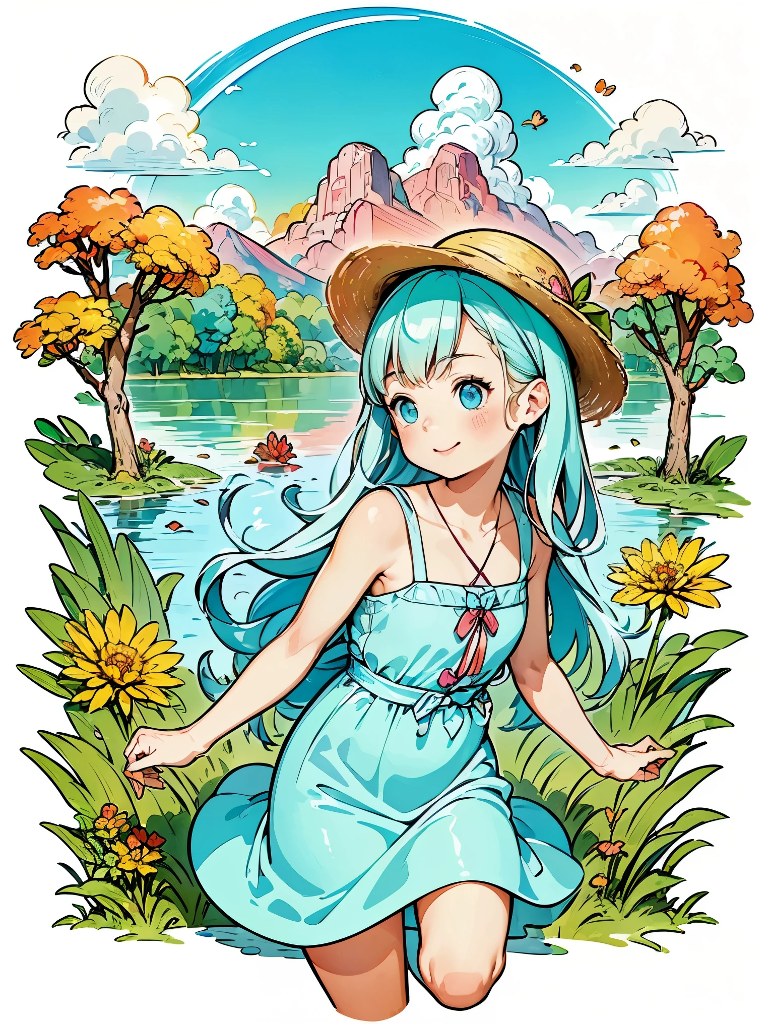 ((masterpiece, best quality))，(Super detailed)，(watercolor painting:1.2), 1 cute girl，straw hat，flowering，light cyan hair，very long hair，water blue eyes，flat chest，close your mouth，smiling，(a blue dress:1.3)，Shoulders bare，bow tie，side angle，autumn scenery，leaves yes，maple，dusk，River bank，lake reflection，The sky is full of colors，orange red sunset，The afterglow diverges，Mountain，distant mountains，contour， (bright colors，Warm light source:1.2), (forest，Bare branches:1.2，(Very detailed CG unification，8k wallpaper)，(Enlightenment：1.0)，intricate details，epic work，Realistic lighting，High definition details，(Beautiful wildlife and natural wonders，with glowing lights)，(((anatomically correct, ccurate, high details, best quality)))