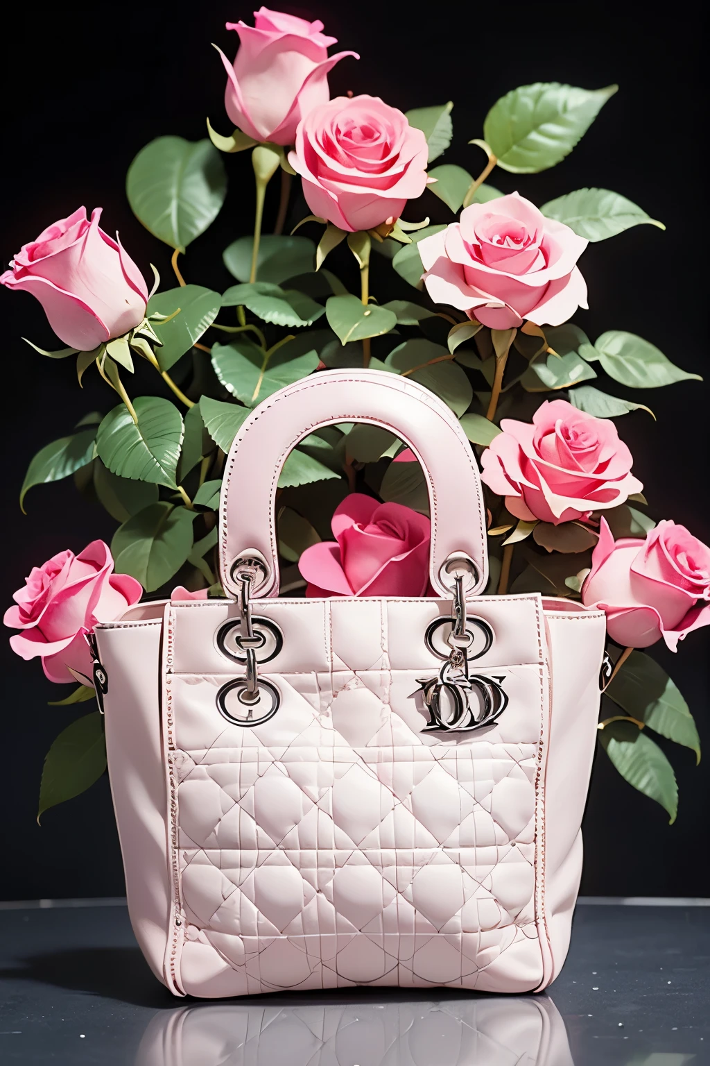 ((a white Dior handbag)), ((decorate with pink roses as background)), ((transparent background)), ((watercolor))