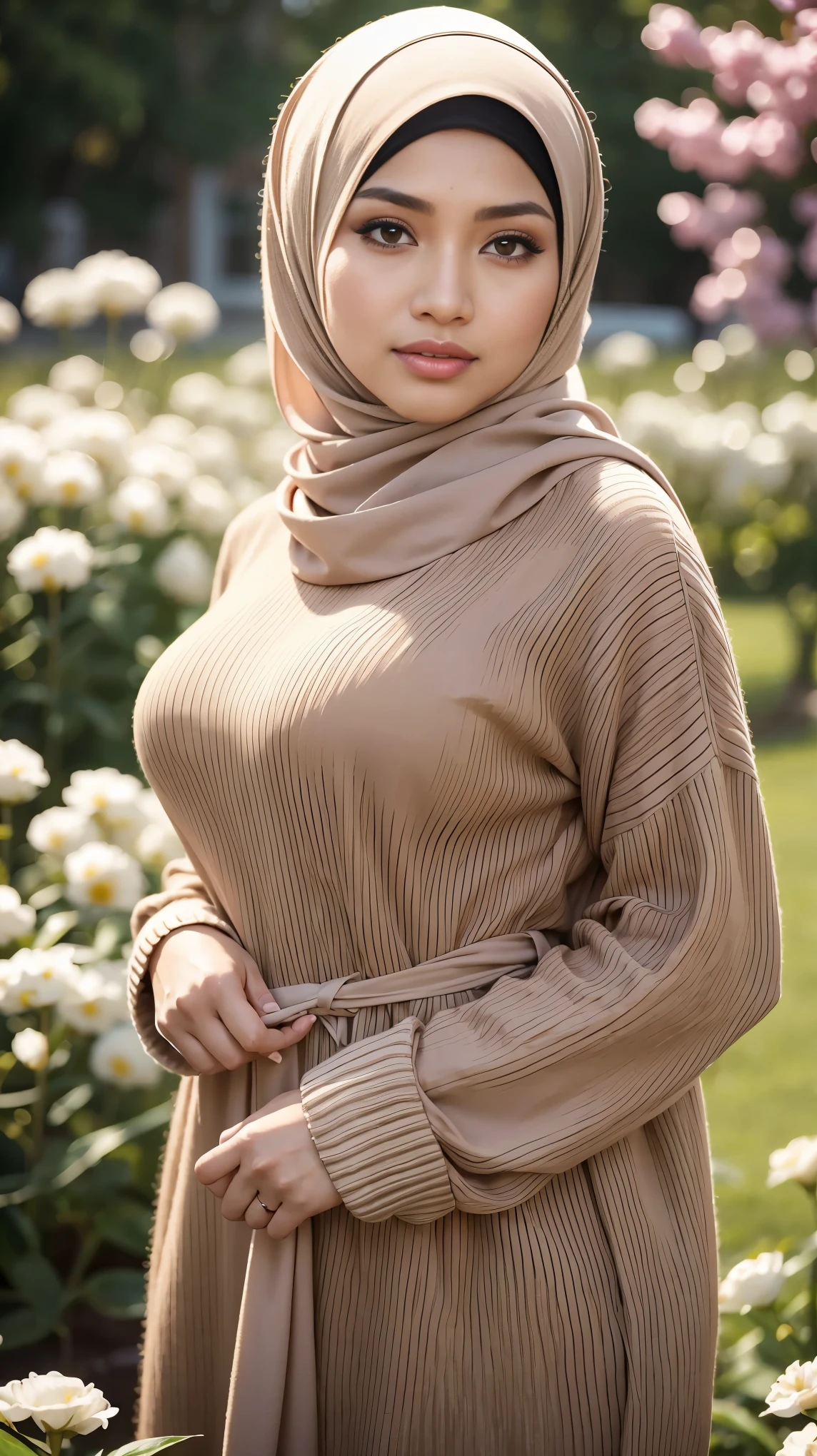 RAW, Best quality, high resolution, Masterpiece: 1.3), Beautiful Malay woman in hijab,Masterpiece, best quality,8k, brown eyes, perfect eyes,Huge breasts,long White sweater,close up,Garden flower