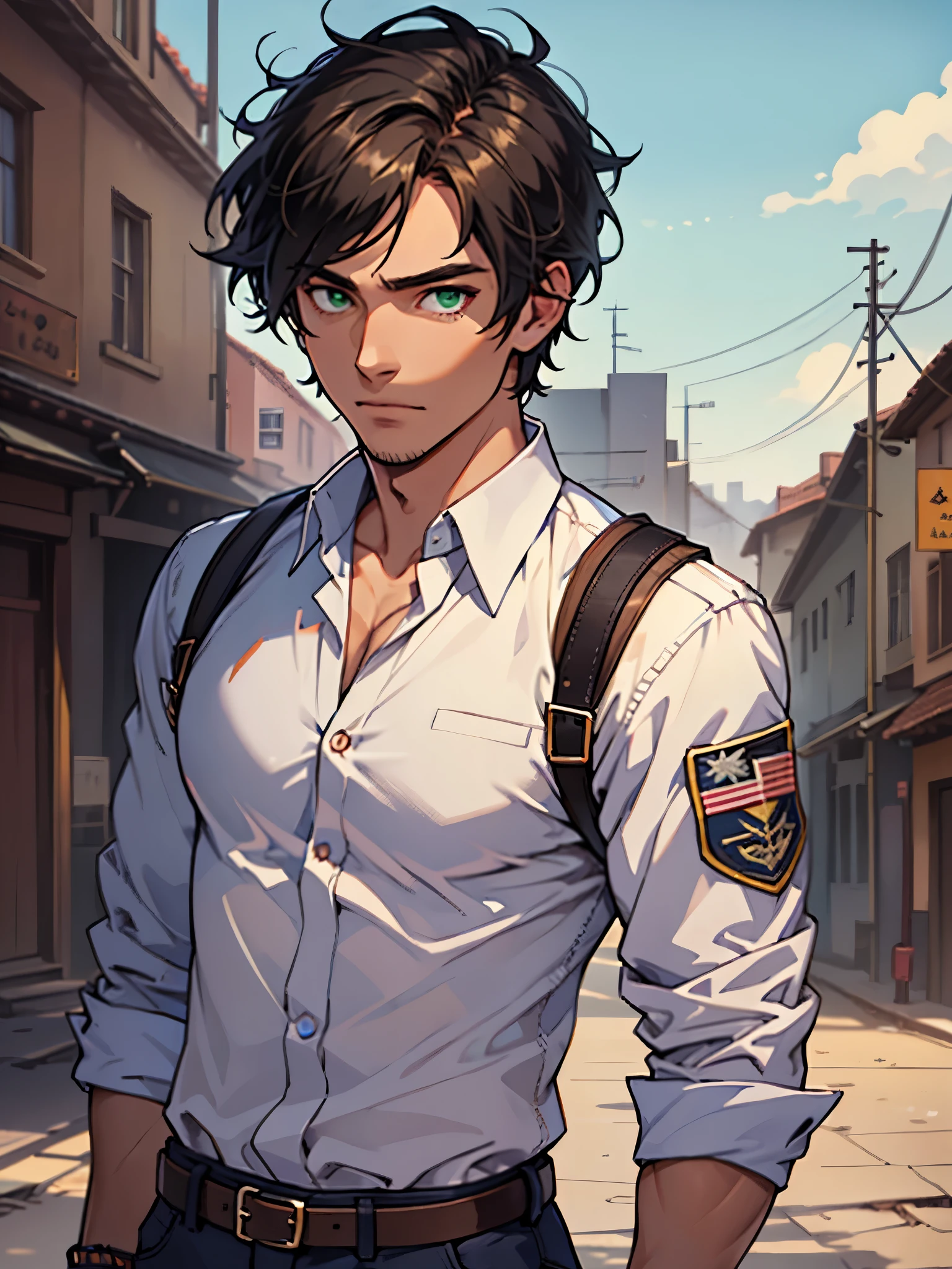 solo, male, (( fair skin, smooth skin)) (regal hair, black hair), light brown hair, green eyes, detailed face, detailed clothes, detailed face, detailed eyes, muscular frame, tattered shirt, young, traveler slacks, accessories, tan trousers, RPG, full body, (desert:1.1), (masterpiece, high quality, hi-res,8k), standing,close-view portrait, looking at viewer, outdoor, sunny, calm expression,