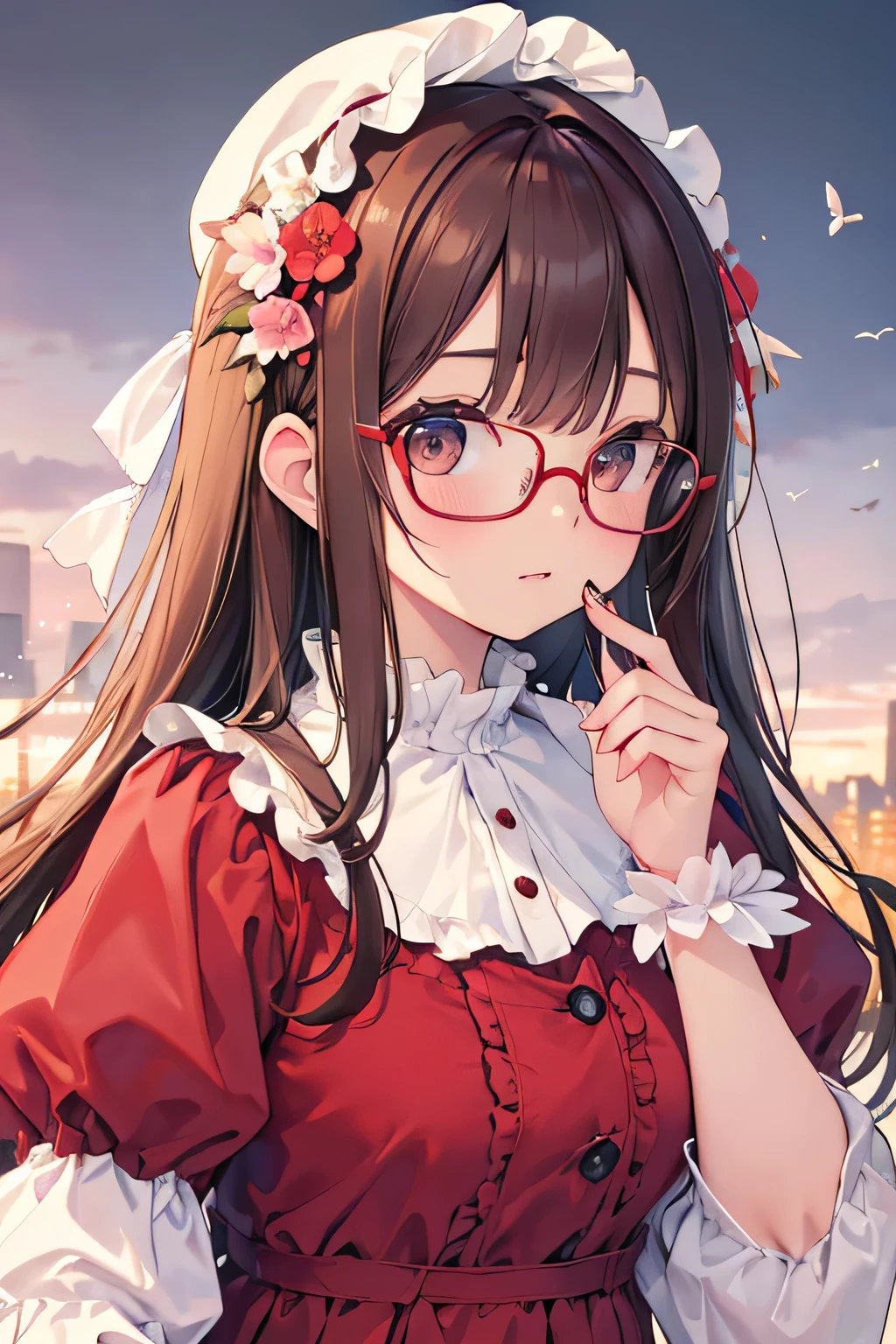 Detalle, realismo, 4k, gafas de montura roja, tono de piel canela(absurdos), obra maestra, Mejor calidad, 1 chica, long brown hair, Detalle in face, grandes ojos marrones, labios gruesos, nariz respingona, vestido victoriano blanco y rojo, mangas hinchadas, volantes, Una marmota en la mano, Flores en el fondo, Mariposa blanca en primer plano, Disparo realista, profundidad de campo, Luz frontal suave, Brillo, HDR (color pastel: 1.2), Canon RF 100mm F2.8L 宏 ES USM