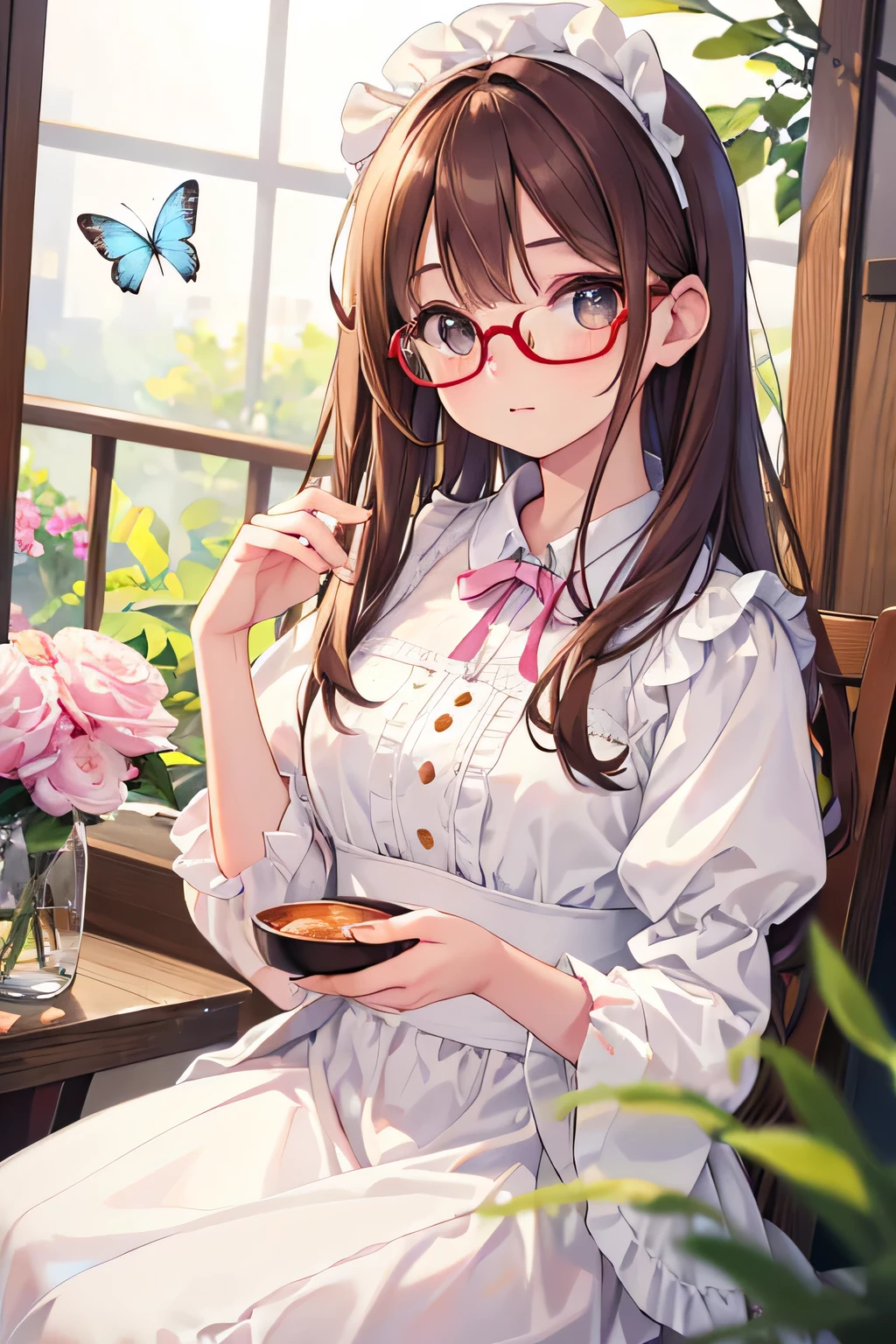 Detalle, realismo, 4k, gafas de montura roja, tono de piel canela(absurdos), obra maestra, Mejor calidad, 1 chica, long brown hair, Detalle in face, grandes ojos marrones, labios gruesos, nariz respingona, vestido blanco, mangas hinchadas, volantes, Una marmota en la mano, Flores en el fondo, Mariposa blanca en primer plano, Disparo realista, profundidad de campo, Luz frontal suave, Brillo, HDR (color pastel: 1.2), Canon RF 100mm F2.8L 宏 ES USM