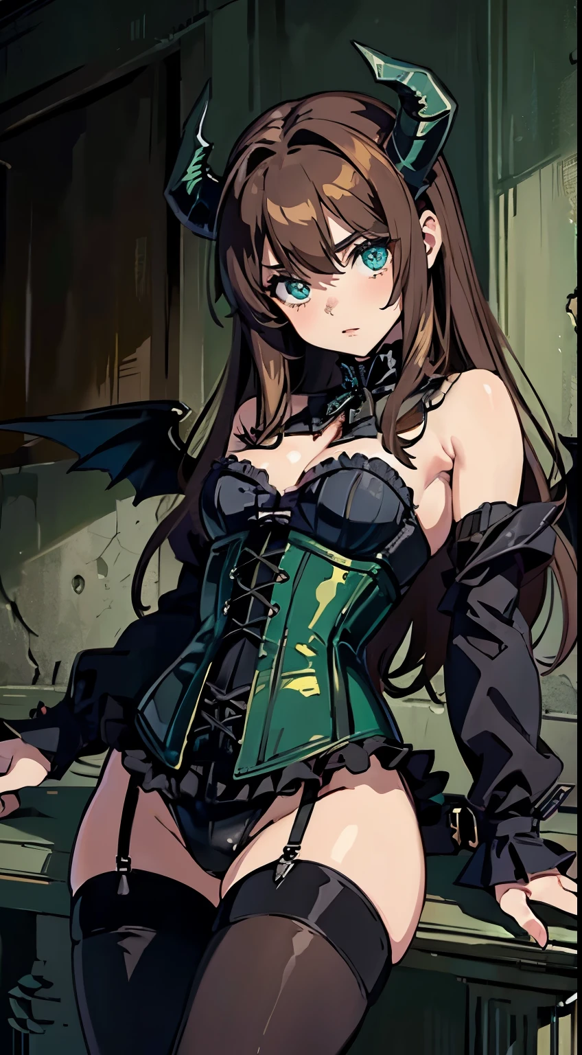  (((Perfect eyes))), ((Perfect limbs))), ((Perfect feature))), masterpiece of a demon girl with long brown hair , a corset, horns, black wings, cat eyes, and perfect green eyes in a dark environment.