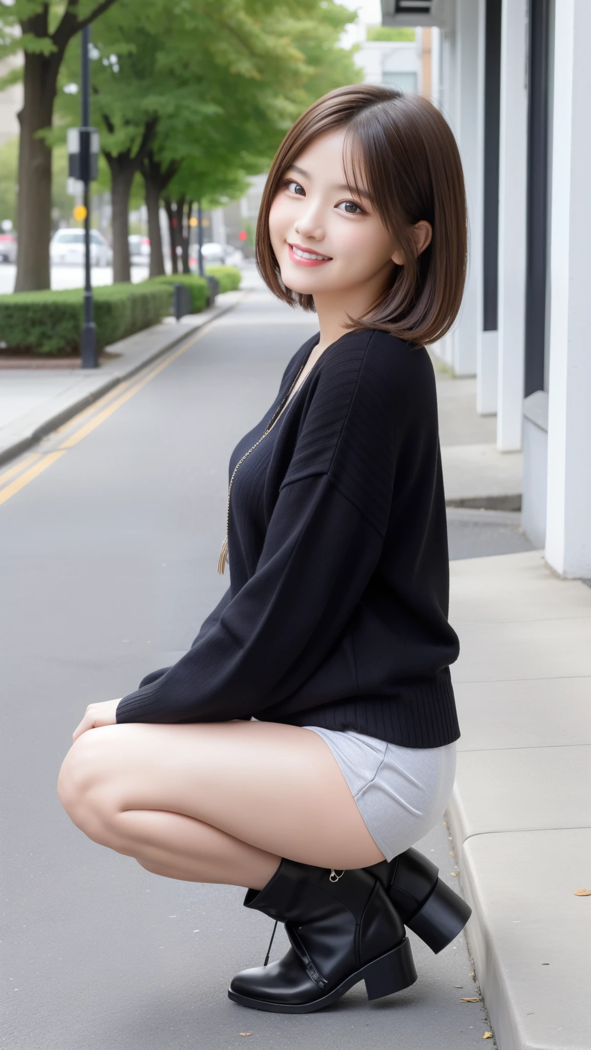 Photo taken by a professional photographer,laughter:1.5,Close-up of a woman squatting on the sidewalk, wearing a sweater, Short-cut brown hair, hair is disheveled,young and cute girl, Wearing a super super super super super super super mini skirt:1.5,Wear stylish boots,sit on a park bench:1.5,Fancy makeup with red eyeshadow,Beautiful thighs are visible,I can see white panties,