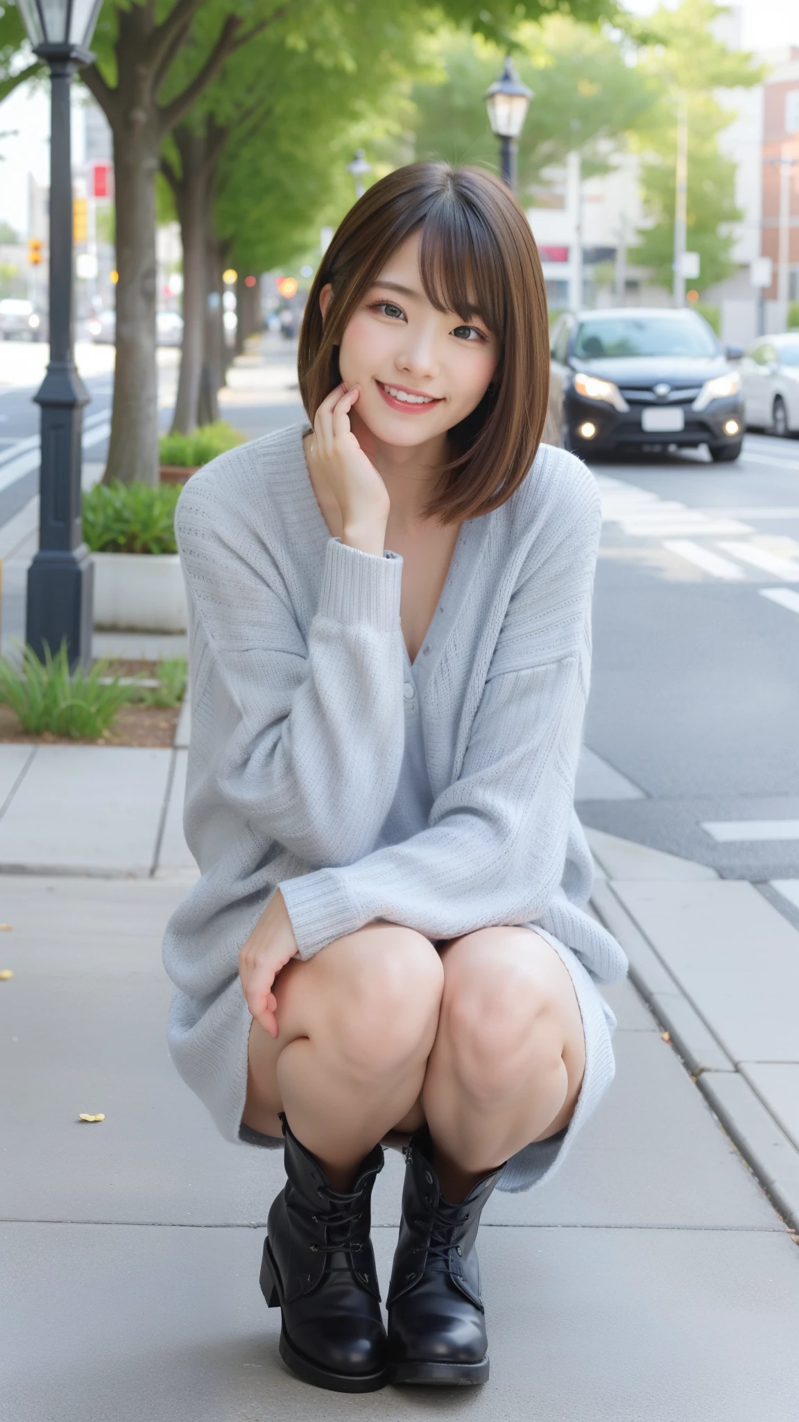 Photo taken by a professional photographer，laughter:1.5，Close-up of a woman squatting on the sidewalk, wearing a sweater, Short-cut brown hair, young and cute girl, Wearing a flared skirt，I can see her small white panties:1.5，Wear stylish boots，