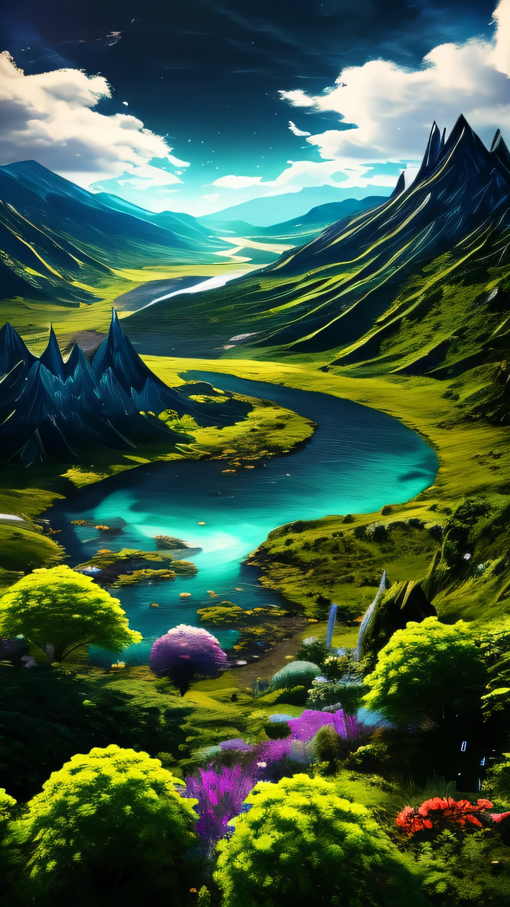 In the vastness of Aelandria, under an enigmatic sky, a myriad of dimensions intertwine. Continentes flutuantes desafiam a gravidade, oceanos vibrantes brilham com cores desconhecidas, and giant mountains harbor cosmic secrets. No horizonte, portais interdimensionais se manifestam, conectando mundos distantes a este epicentro de anomalias. Mystical creatures of all shapes and sizes coexist, um eco de realidades distantes.