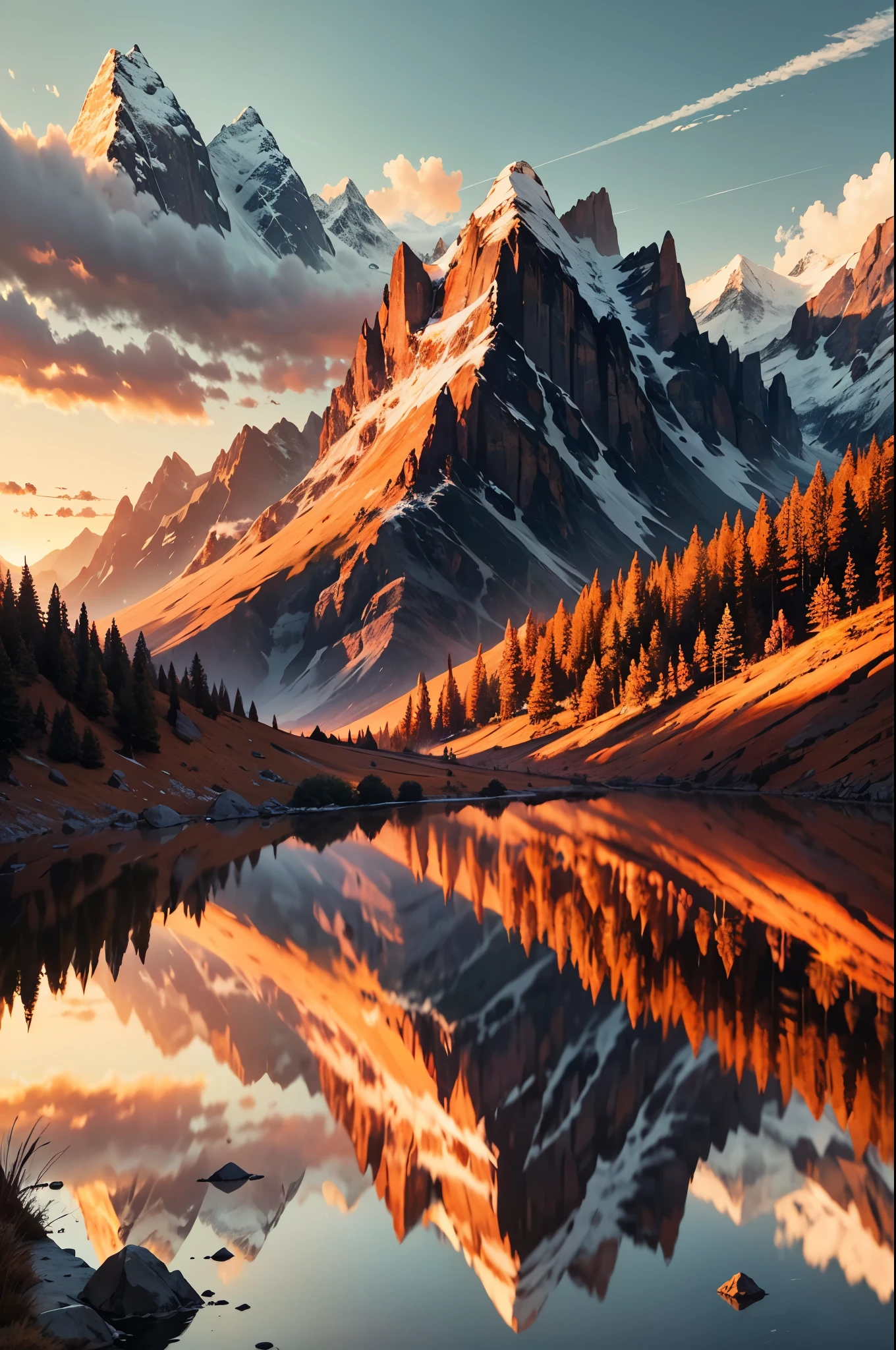 Generate a vivid description of a stunning valley at dusk. Envision a serene setting with rolling hills and majestic mountains in the background. The sun is setting on the horizon, painting the sky with shades of orange and gold, creating a breathtaking display of colors. In the center of the valley, there is a massive lake reflecting the beauty of the mountains and the dramatic sky. The lake is so calm that it perfectly mirrors the mountains and the sky, creating a breathtaking image. Detail the vegetation, the water's texture, the shadows of the mountains, and any other features that enhance the beauty and tranquility of this twilight scene.