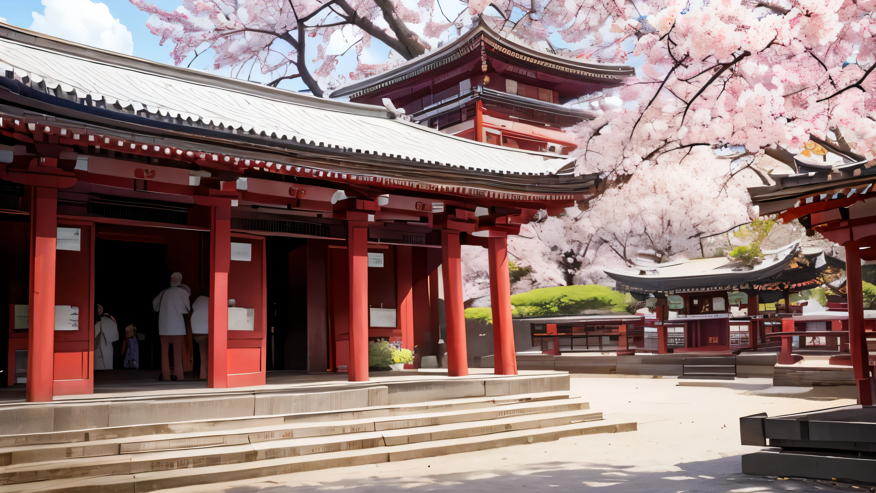 Belle scène de temple, printemps, fleurs de cerisier, 16:image à 9 rapports,  la couleur principale est le rouge, [[ les fidèles du temple ]], Les vieillards et les femmes vont aux temples et adorent Bouddha
