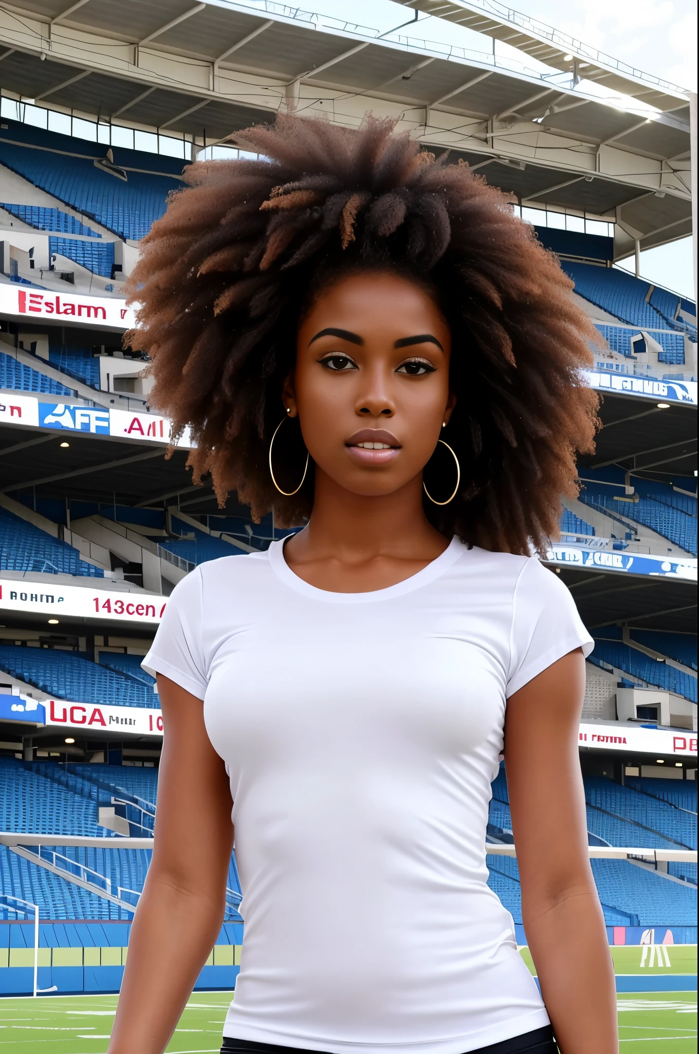 hyper-realistic beautiful black woman wearing an all-white tshirt standing in front of football stadium 