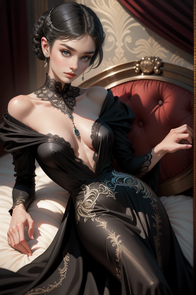 (Masterpiece - Ultra-Detailed, High Resolution) Prepare to be enchanted by a true masterpiece that combines ultra-detailed art with high-resolution rendering. This work shows a mesmerizing woman, with short, black hair, 1928s style, Audrey Hepburn (1.3) and captivating dark brown eyes (1.2), New York illustration style, wearing red lipstick, emanating an aura of elegance and mystery. Wearing classic victorian dress 1928s clothing. Intricate details and realistic textures invite you to explore every aspect of this enchanting composition. Black dress. reading, writing, walking, backwards, lying down, standing, dynamic poses, mouth closed. Different posture , dynamic poses, mouth closed. Different posture, with chin resting on shoulder. Perfect fingers. Get ready to dive into a world where beauty and craftsmanship merge perfectly.