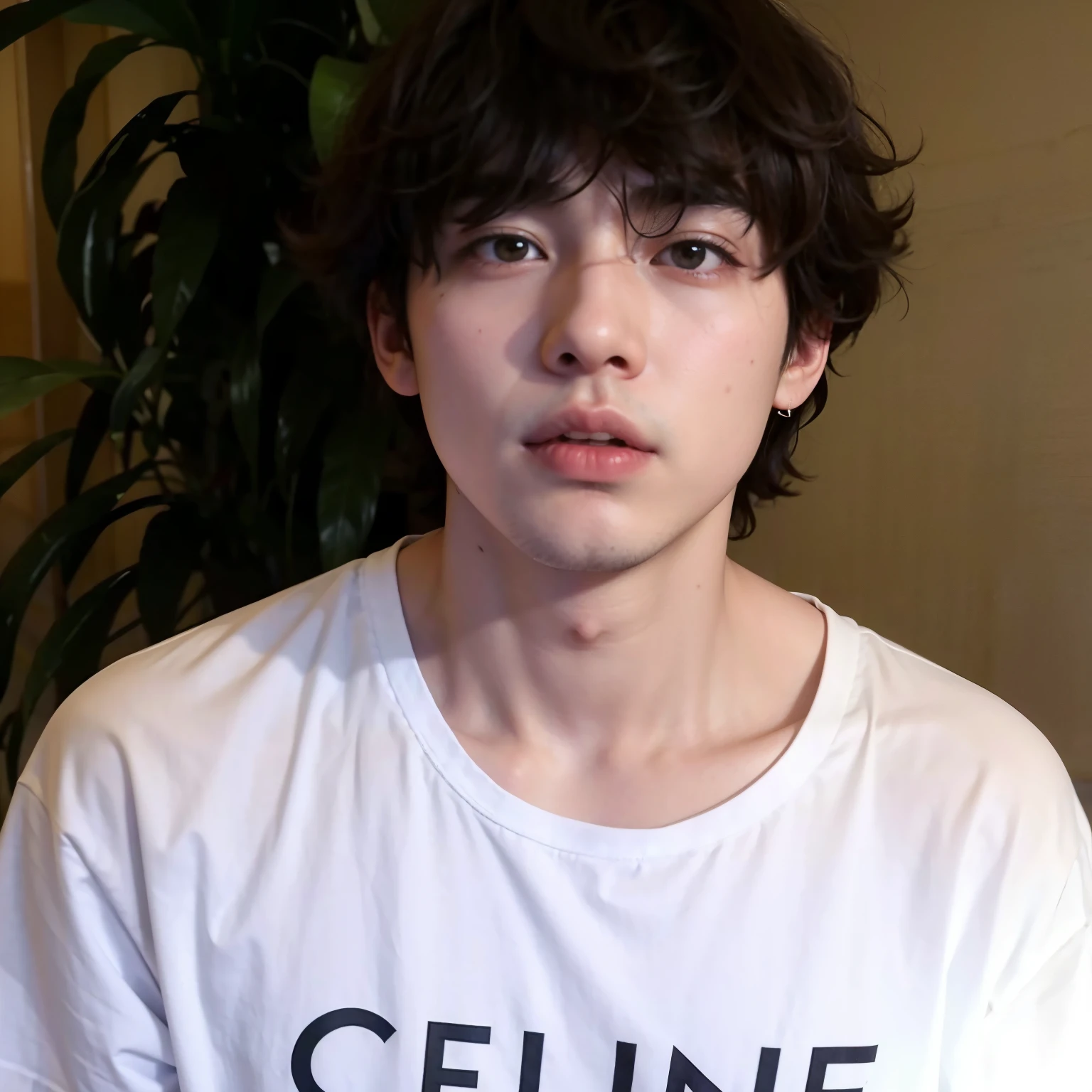 homem arafiado com uma camisa branca que diz selfie, cai xukun, taejune kim, 1 Menino de 7 anos, rosto magro, Yanjun Chengt, hyung tae, Jinyoung Shin, Steven Jung, Hong junho hyung, ele tem cabelo castanho curto e encaracolado, Finn Wolfhard, imagem de perfil, Xintong Chen, hyung tae kim, who is siwoo