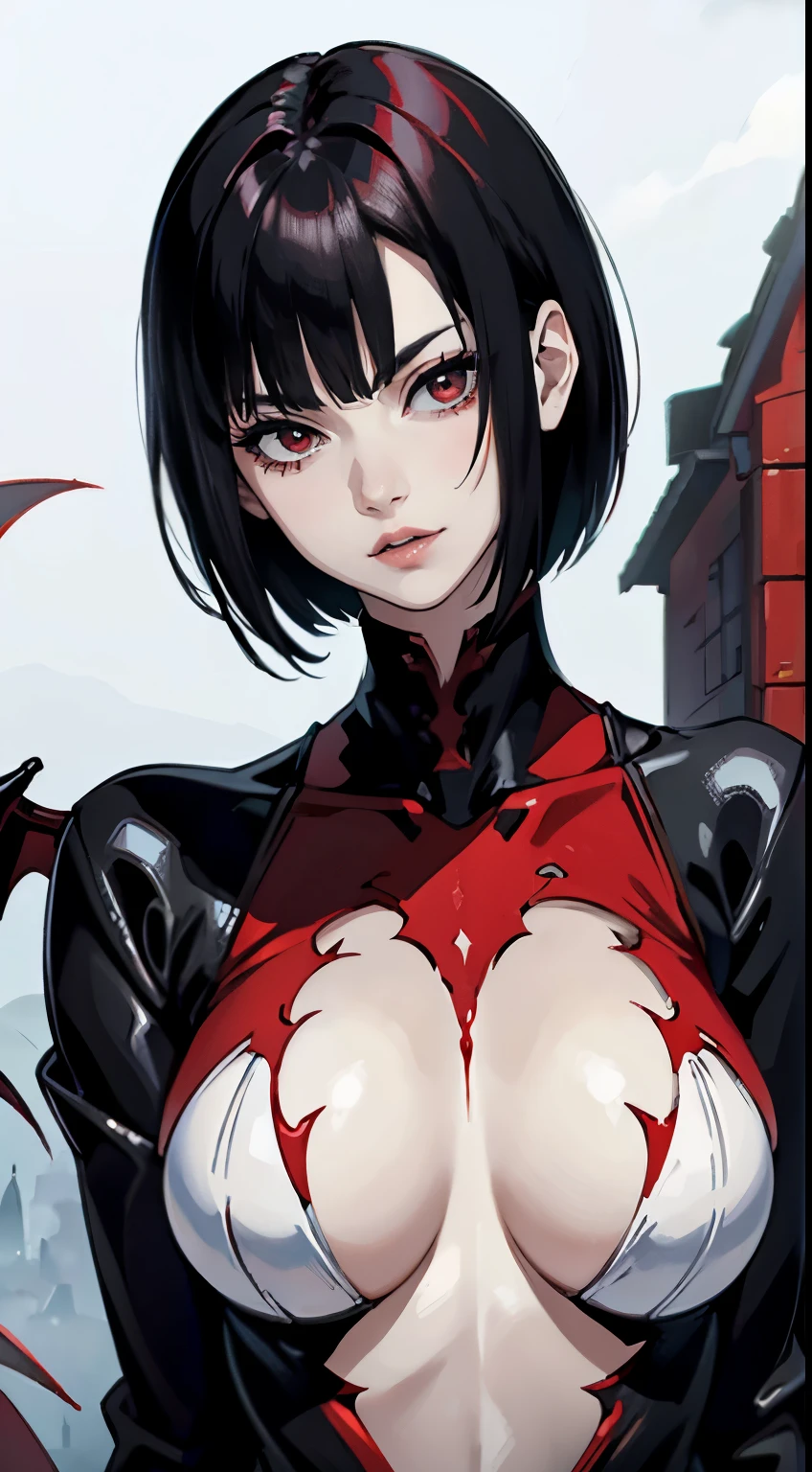 Short hair, Black hair, Crimson red eyes, big , pale skin, smirking, hot, beautiful, good looking, blood magic, red magical aura, vampire, vampiric wings
