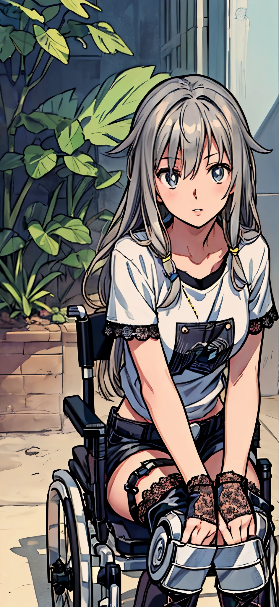 (highest quality,4K,8K,High resolution,table top:1.2), Super detailed, (realistic,photorealistic,photo-realistic:1.37), ((full body),((from below)),sickly beautiful girl, sad,I was surprised,((gray hair color)),((long hair)), ((riding a wheelchair)),((row a wheelchair)),((hair above the eyes)),((t-shirt)),((shorts)),((wear black open finger gloves)),((black lace-up long boots)),((knee pads)),((braces in legs)),espadrilles,beautiful and detailed eyes, beautiful detailed lips, highly detailed eyes and face, long eyelashes, realistic anime 3D style, Smooth anime CG art, Digital rendering by Makoto Shinkai, Moe anime art style, photorealistic rendering of an anime girl, Shinkai Makoto style, Cute anime girl visuals, realistic young anime girl, girl fan art, Created by Anime Artist'studio of.