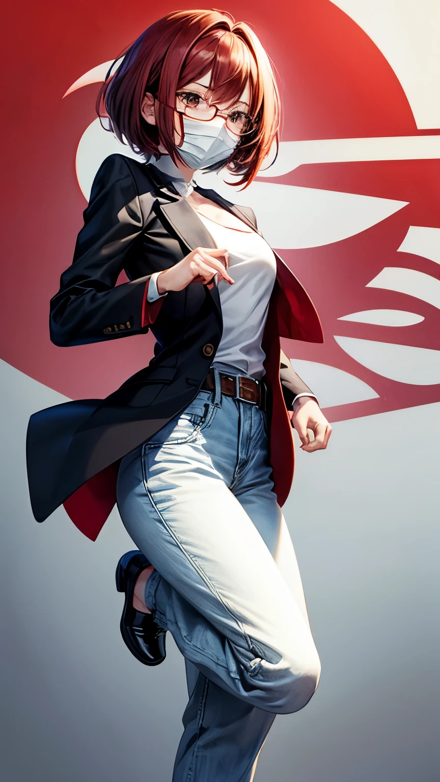 A 28 years old Japanese lady ((very small breast, slender)), very short hair (( light red, shaggy hair)), wear a oval shaped glasses, ((mouth mask)), red sharp eyes, a black dress shirt, white long coat, indigo straight jeans, from below view, full body, face focus, reaching out, seductive and handsome pose