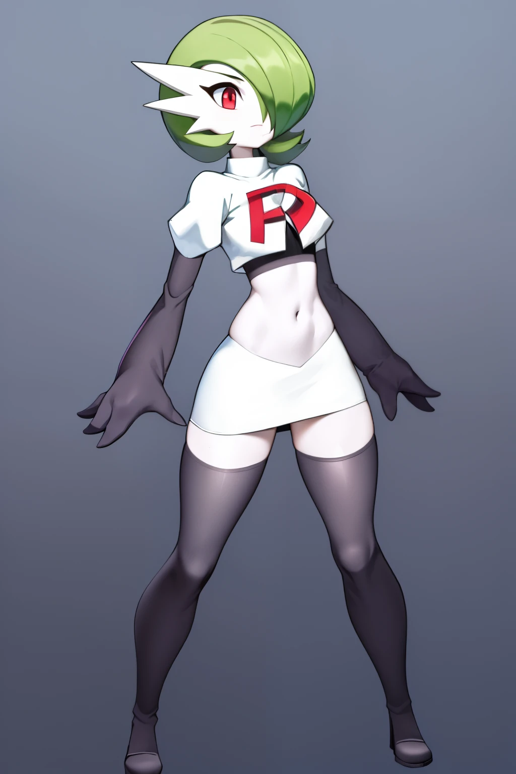 masterpiece, best_quality, 1girl, solo, gardevoir, creatures \(company\), game freak, nintendo, pokemon, pokemon \(game\), bangs, colored skin, female focus, gen 3 pokemon, green hair, green skin, hair over one eye, multicolored skin, pokemon \(creature\), red eyes, short hair, two-tone skin, white skin, team rocket,team rocket uniform,white skirt,red letter R,crop top,black thigh-highs,black elbow gloves