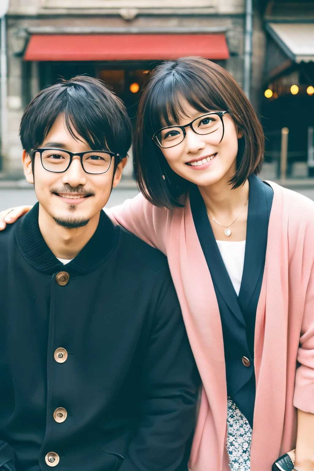 have a marriage registration、Commemorative photo、Japanese、32 year old male female couple、smile、short hair、glasses、City Hall