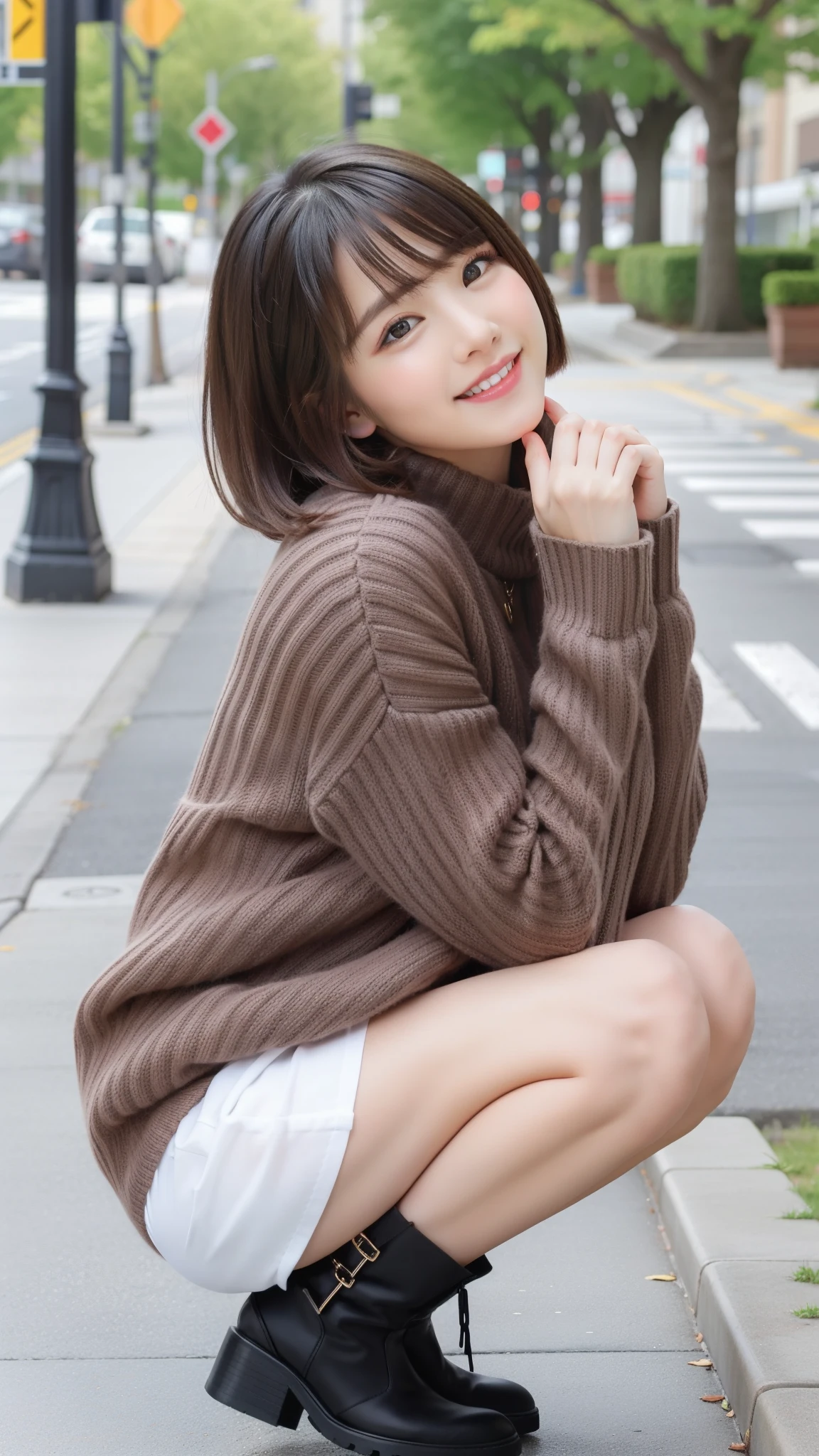 Photo taken by a professional photographer,laughter:1.5,Close-up of a woman squatting on the sidewalk, wearing a sweater, Short-cut brown hair, hair is disheveled,young and cute girl, Wearing a super super super super super super super mini skirt:1.5,Wear stylish boots,sit on a park bench:1.5,Fancy makeup with red eyeshadow,Beautiful thighs are visible,I can see white panties,
