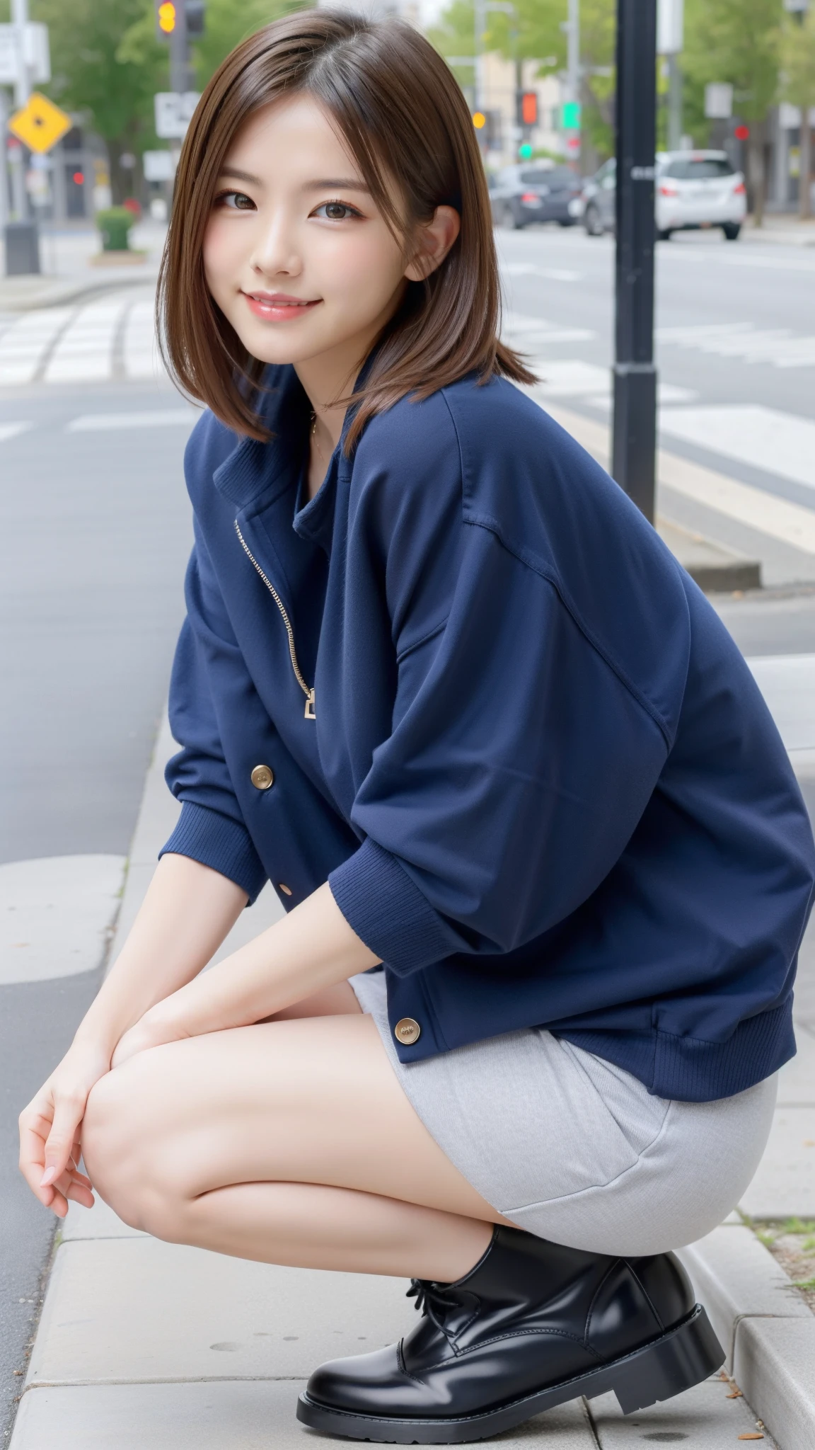Photo taken by a professional photographer，laughter:1.5，Close-up of a woman squatting on the sidewalk, wearing a sweater, Short-cut brown hair, hair is disheveled，young and cute girl, Wearing a super super super super super super super mini skirt:1.5，Wear stylish boots，sit on a park bench:1.5，Fancy makeup with red eyeshadow，Beautiful thighs are visible，I can see white panties，