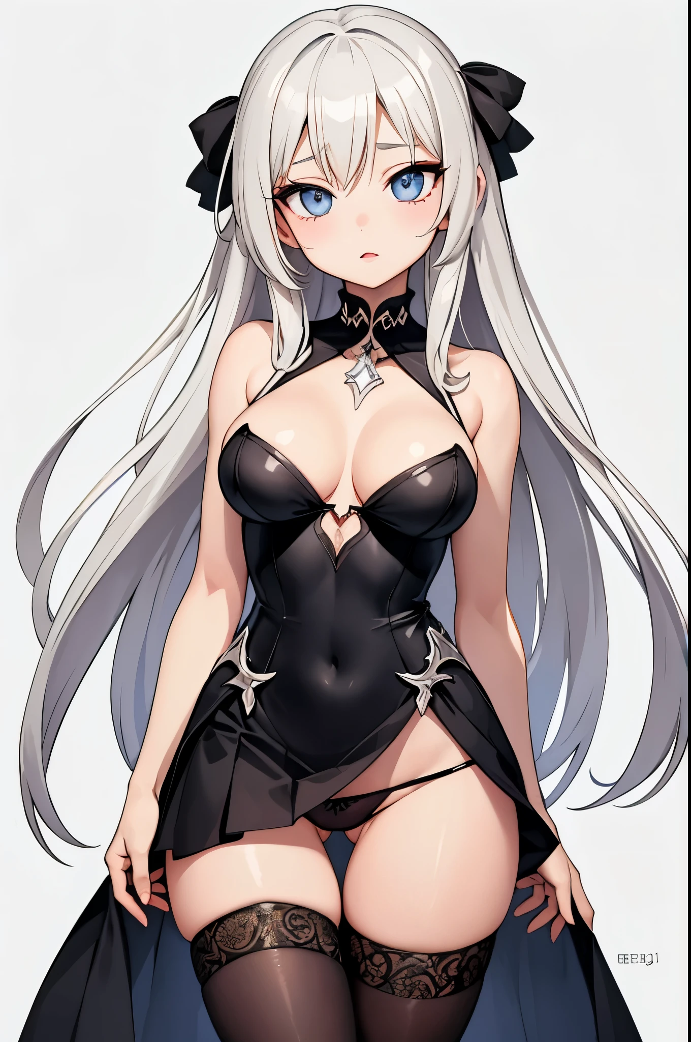 1girl, anime, cute girl, blank background, white background, fantasy, detailed dark fantasy dress with highlights, beautiful face, beautiful eyes, dark colors, silver hair, slight medium breasts, slight cleavage, beautiful skin, cute, breast curtains, extremely delicate and beautiful, (beautiful detailed face:1.0), (detailed deep eyes), symmetrical breasts, deep eyes, shiny skin, portrait, slender waist, hips wider than shoulders, thighs, expressionless, young girl, luminous eyes, adorable,(Kpop idol),(aegyo sal:1),(Platinum blonde hair:1),((puffy eye)),Black panty,sexy posture,Superskirt, 超高分辨率,Black collar,