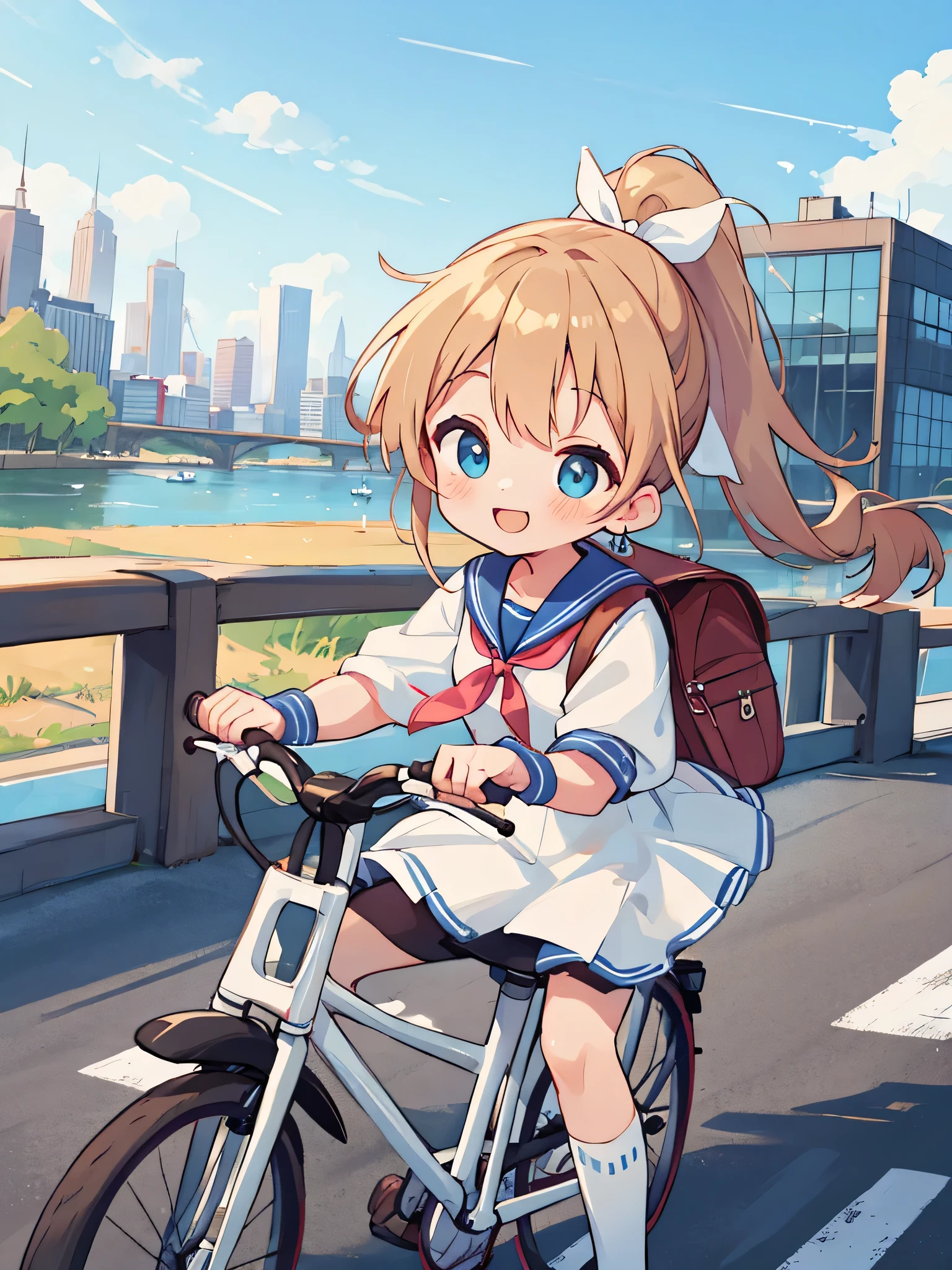 (8K、RAW photo、highest quality)、detailed background、beautiful and detailed face、beautiful and smooth skin、skin texture、professional lighting、Cute beautiful Iful Girl、Cute character wearing a sailor suit、Coming to school、carry a cute bag、
The costume is an elegant dress with a sailor collar and ribbon..、white knee high socks、Cute Ponytail、
Ride around town on a road bike、Can drive at high speed even in the city, So that you can enjoy the view of the city.、skyscrapers and beautiful architecture、Park and riverside scenery、Enjoy the charm of the city while driving.。smile