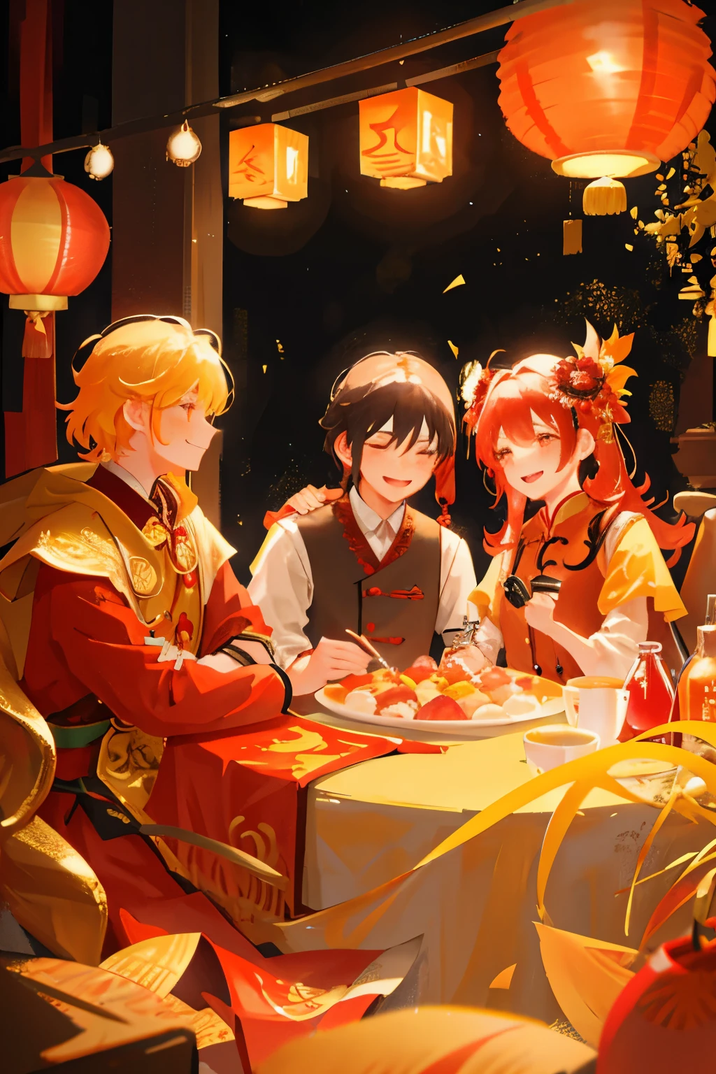 In the joyous scene of the Chinese New Year, a harmonious family gathers together, filled with love and warmth. The entire room is adorned with auspicious decorations and vibrant colors, creating an atmosphere of excitement and anticipation. Red lanterns and couplets hang on the walls, while the table is filled with an abundant spread of traditional dishes and treats. Every member of the family is depicted in intricate detail, with warm and inviting expressions on their faces. The use of red and other auspicious colors, such as gold and orange, adds to the festive mood, while the overall scene is bathed in soft, warm lighting. A sense of happiness and togetherness permeates the