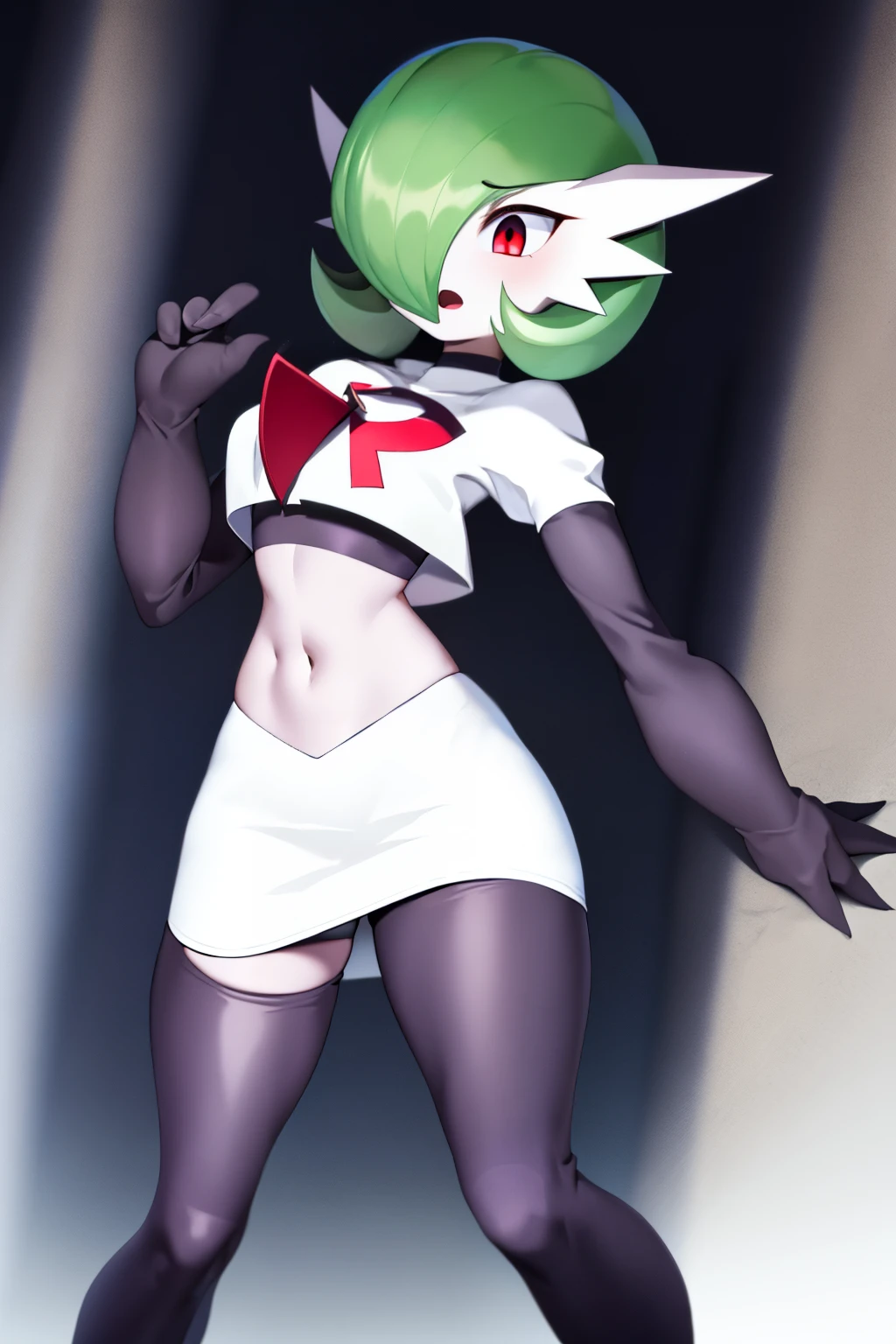 masterpiece, best_quality, 1girl, solo, gardevoir, creatures \(company\), game freak, nintendo, pokemon, pokemon \(game\), bangs, colored skin, female focus, gen 3 pokemon, green hair, green skin, hair over one eye, multicolored skin, pokemon \(creature\), red eyes, short hair, two-tone skin, white skin, team rocket,team rocket uniform,white skirt,red letter R,crop top,black thigh-highs,black elbow gloves