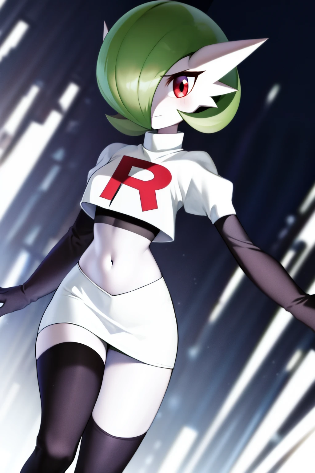 masterpiece, best_quality, 1girl, solo, gardevoir, creatures \(company\), game freak, nintendo, pokemon, pokemon \(game\), bangs, colored skin, female focus, gen 3 pokemon, green hair, green skin, hair over one eye, multicolored skin, pokemon \(creature\), red eyes, short hair, two-tone skin, white skin, team rocket,team rocket uniform,white skirt,red letter R,crop top,black thigh-highs,black elbow gloves