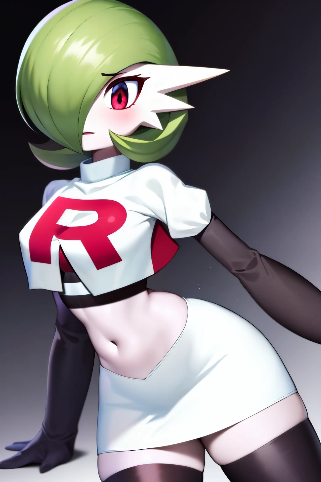 masterpiece, best_quality, 1girl, solo, gardevoir, creatures \(company\), game freak, nintendo, pokemon, pokemon \(game\), bangs, colored skin, female focus, gen 3 pokemon, green hair, green skin, hair over one eye, multicolored skin, pokemon \(creature\), red eyes, short hair, two-tone skin, white skin, team rocket,team rocket uniform,white skirt,red letter R,crop top,black thigh-highs,black elbow gloves