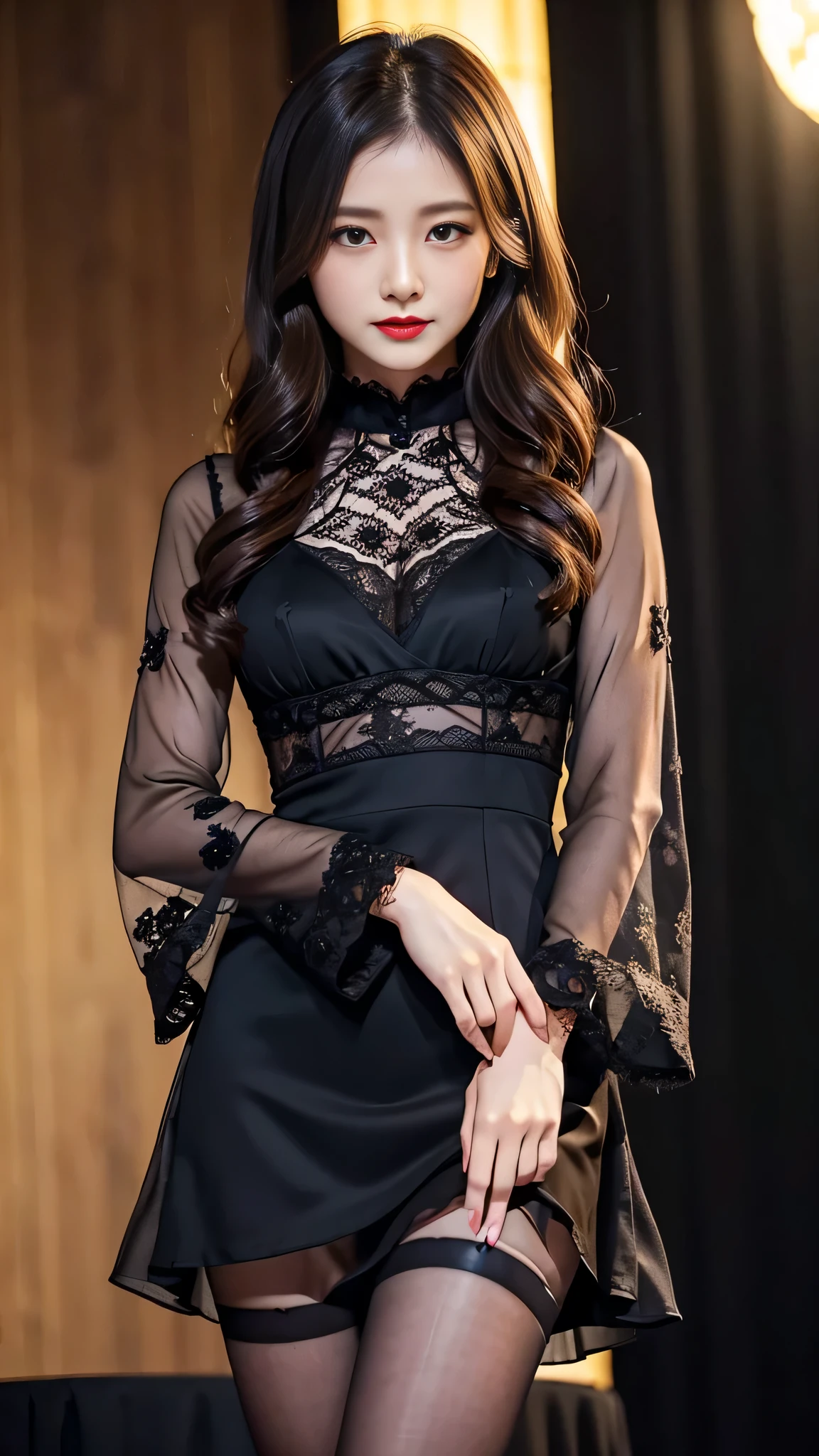 Super detailed、Japanese、charming beauty、seductive adult woman、Dainty woman、sharp eyes、cool girl、wavy hair、suit、Black chiffon、lacy fabric、wide sleeve、wearing a lace insert dress、white blouse、Tight Skirt、flower pantyhose、Shiny legs、evilの幹部、evil depravity、brainwashing、Mind control、lipstick、grin、邪evilなな表情、evil、empty eyes、邪evilな、church、stage