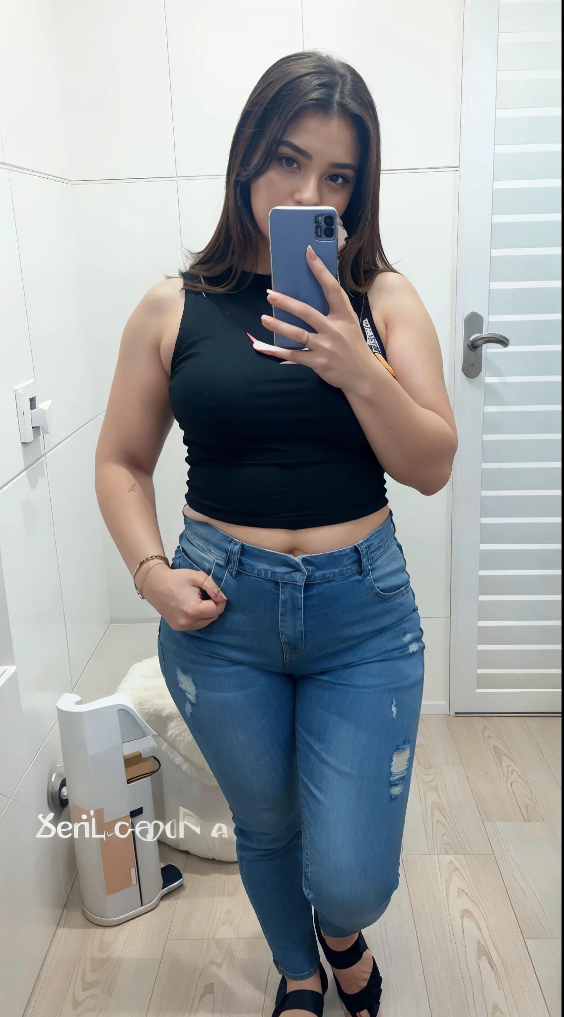mulher arafed tirando uma selfie em um banheiro com um telefone, look sexy, foto de garota magra, corte superior, corte de meio corpo, foto adequada, ela tem uma barriga redonda e gorda, foto de corpo inteiro, jeans azul hiper apertada, justa ao corpo, cameltoe, cintura fina e quadris grossos, vestindo uma blusa preta cropped, jeans, corpo sexy, usando um top cropped sexy