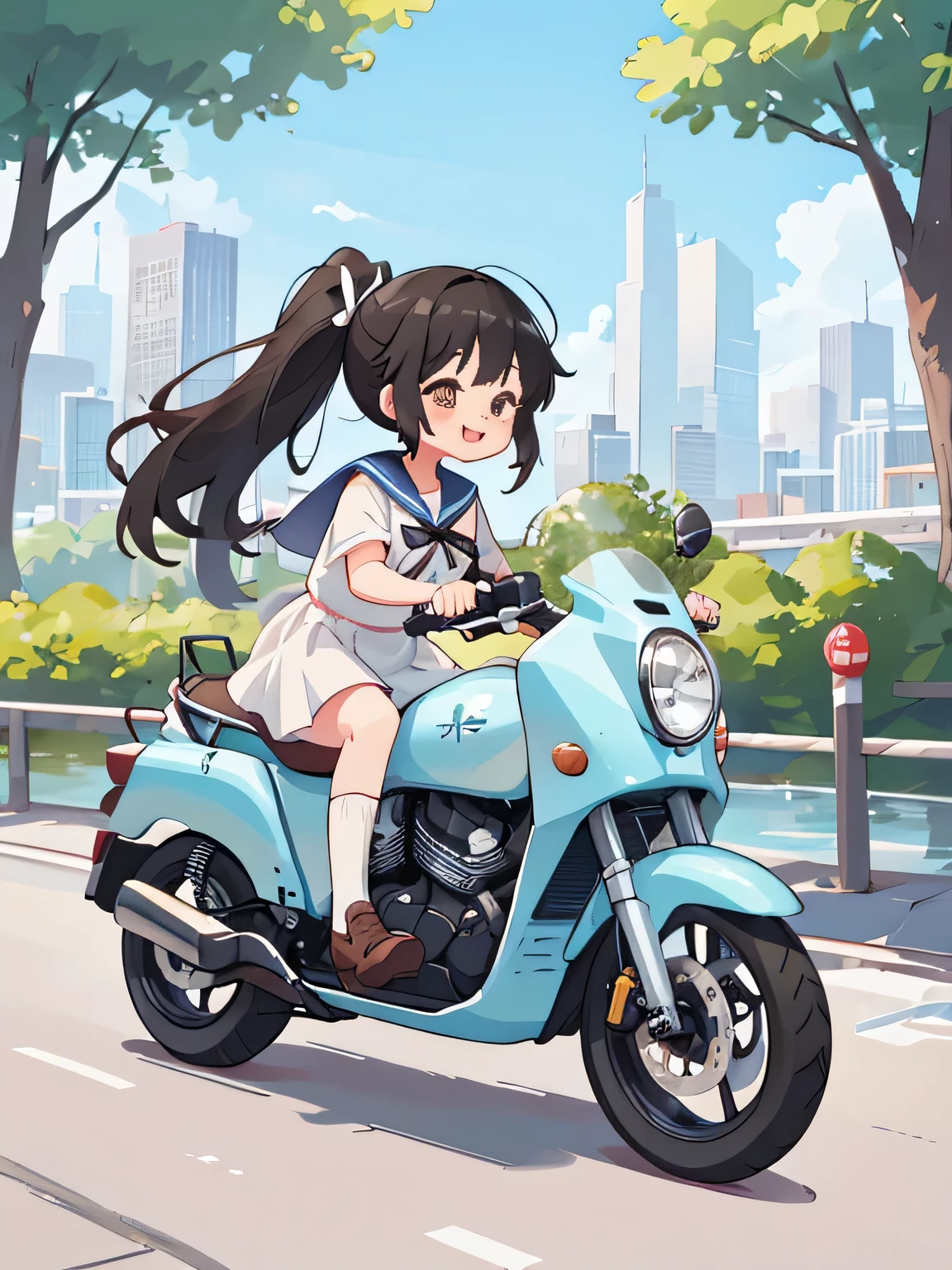 (8K、RAW photo、highest quality)、detailed background、beautiful and detailed face、beautiful and smooth skin、skin texture、professional lighting、Cute beautiful Iful Girl、Cute character wearing a sailor suit、Coming to school、
The costume is an elegant dress with a sailor collar and ribbon..、white knee high socks、Cute Ponytail、
Let&#39;s ride around town on a cool bike、Can drive at high speed even in the city, So that you can enjoy the view of the city.、skyscrapers and beautiful architecture、Park and riverside scenery、Enjoy the charm of the city while driving.。smile