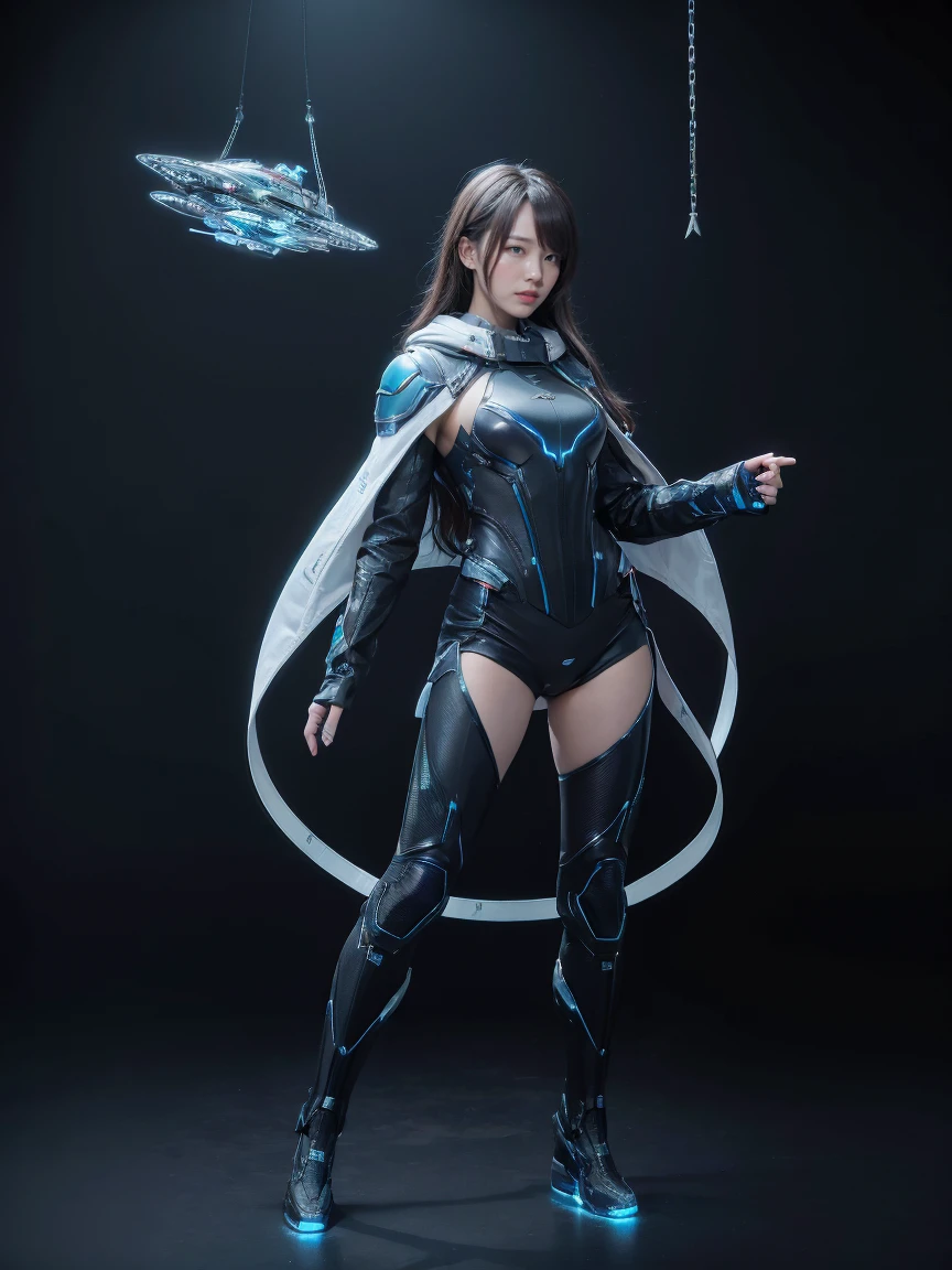 8K, highest quality, masterpiece, realistic, ultra detail,  photograph, HDR, High resolution, movie blue light, official art, High resolution, Depth of written boundary,(emits laser light), girl１name、20-year-old, medium long hair,Take a full body photo、action pose,Blue Universe,cloudy sky、spaceship、Starlight、thunder、Space Battleship