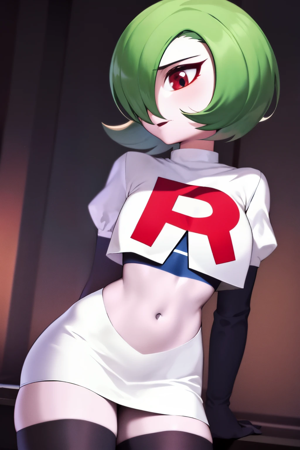 masterpiece, best_quality, 1girl, solo, gardevoir, creatures \(company\), game freak, nintendo, pokemon, pokemon \(game\), bangs, colored skin, female focus, gen 3 pokemon, green hair, green skin, hair over one eye, multicolored skin, pokemon \(creature\), red eyes, short hair, two-tone skin, white skin, team rocket,team rocket uniform,white skirt,red letter R,crop top,black thigh-highs,black elbow gloves