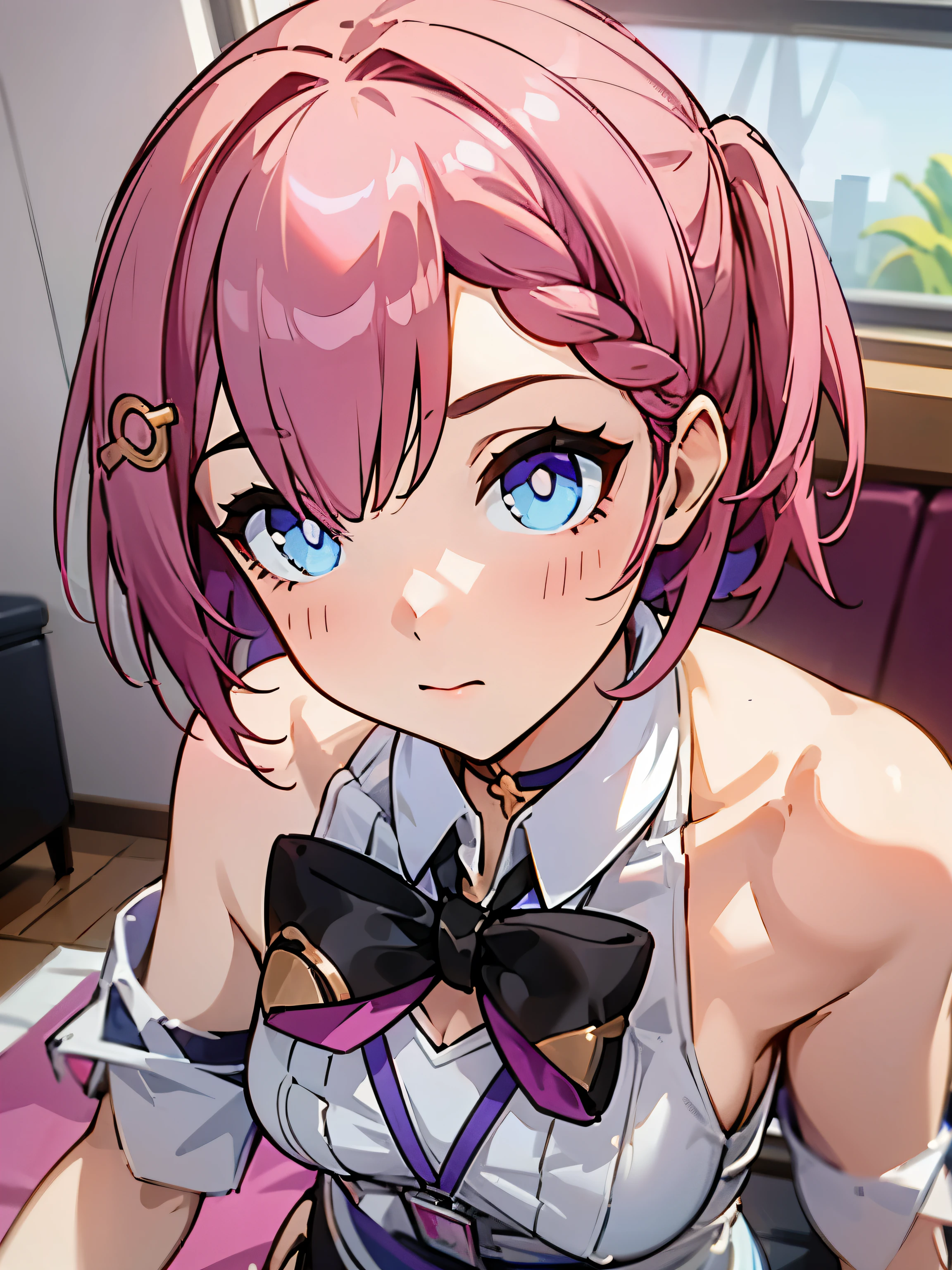 1girl, asta from honkai star rail, pink short hair, short ponyside hair, blue eyes, wearing her outfit, doing daily activities, indoor, very detailed background, many furnitures, masterpiece, highres, ultrahd,