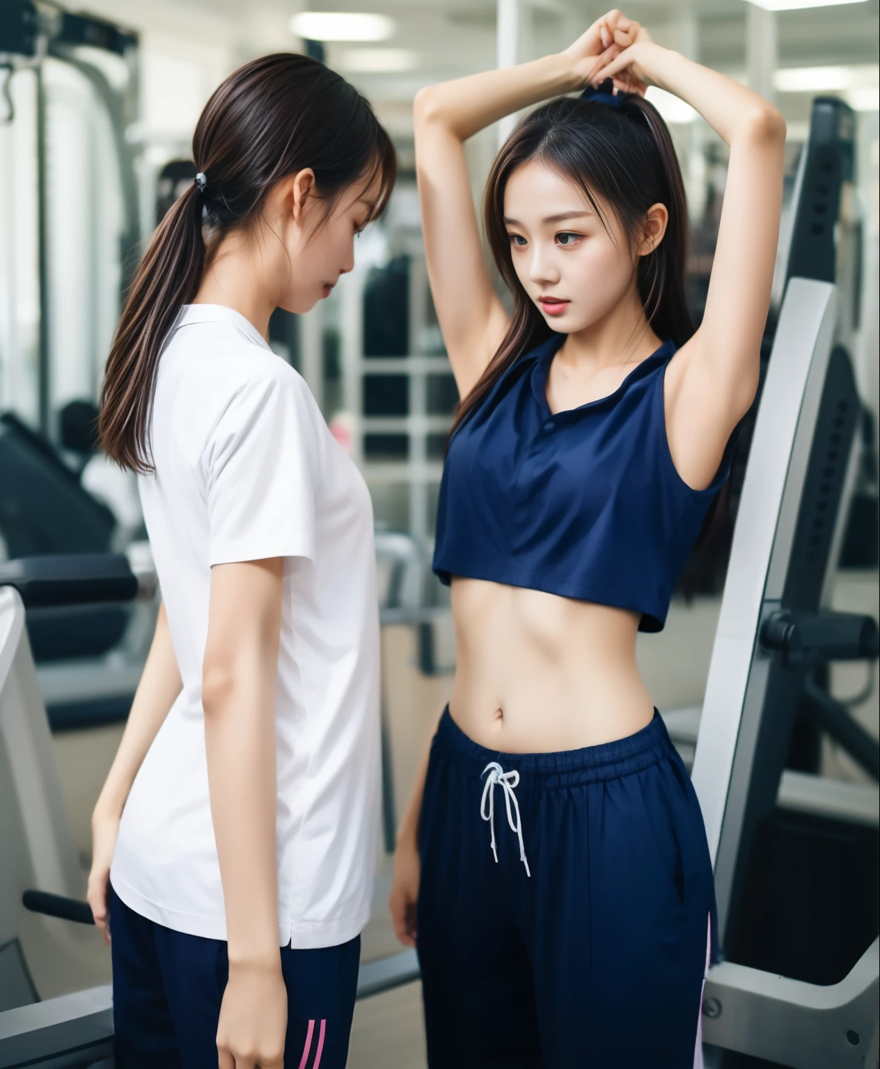 3 girls in fitness center, Navy blue short-sleeved shirt,Navy Long Trackpant,Sweatpants, Sweatpantsขายาว,25 year old girl, lesbian, sexy, exercise clothes, wet body, exercise clothes