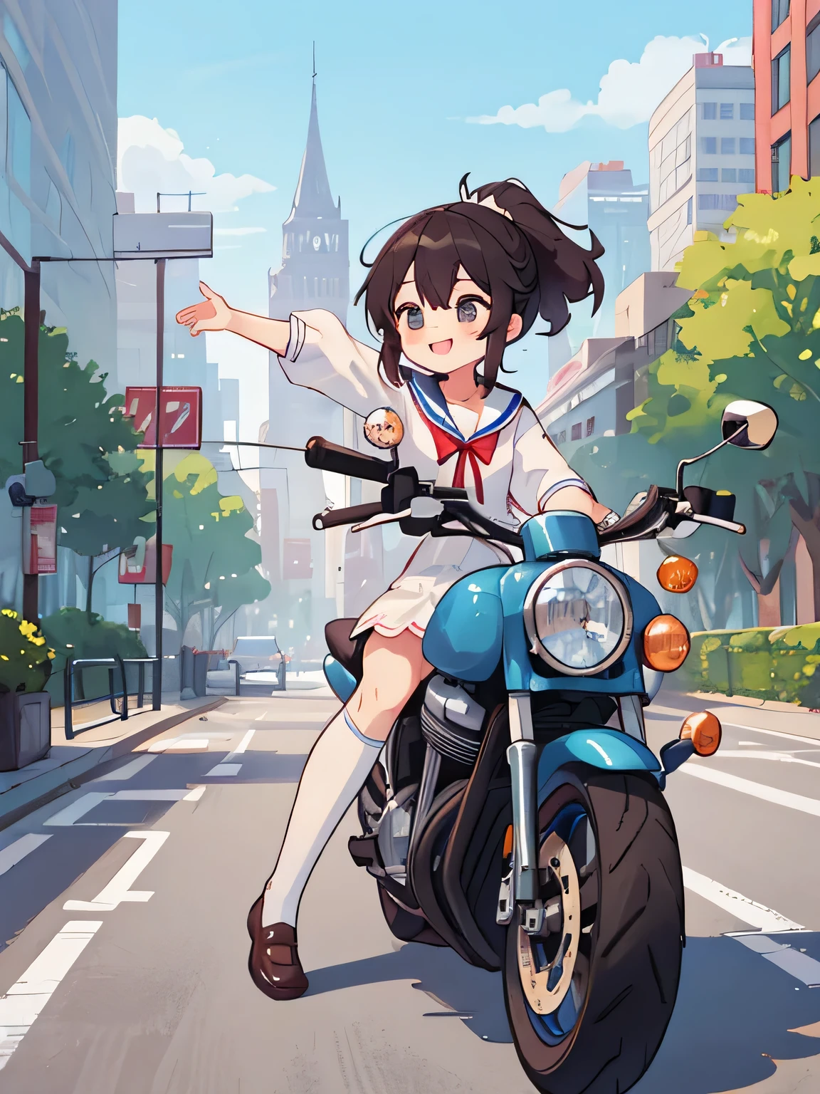 (8K、RAW photo、highest quality)、detailed background、beautiful and detailed face、beautiful and smooth skin、skin texture、professional lighting、Cute beautiful Iful Girl、Cute character wearing a sailor suit、Coming to school、
The costume is an elegant dress with a sailor collar and ribbon..、white knee high socks、Cute Ponytail、
Let&#39;s ride around town on a cool bike、Can drive at high speed even in the city, So that you can enjoy the view of the city.、skyscrapers and beautiful architecture、Park and riverside scenery、Enjoy the charm of the city while driving.。smile