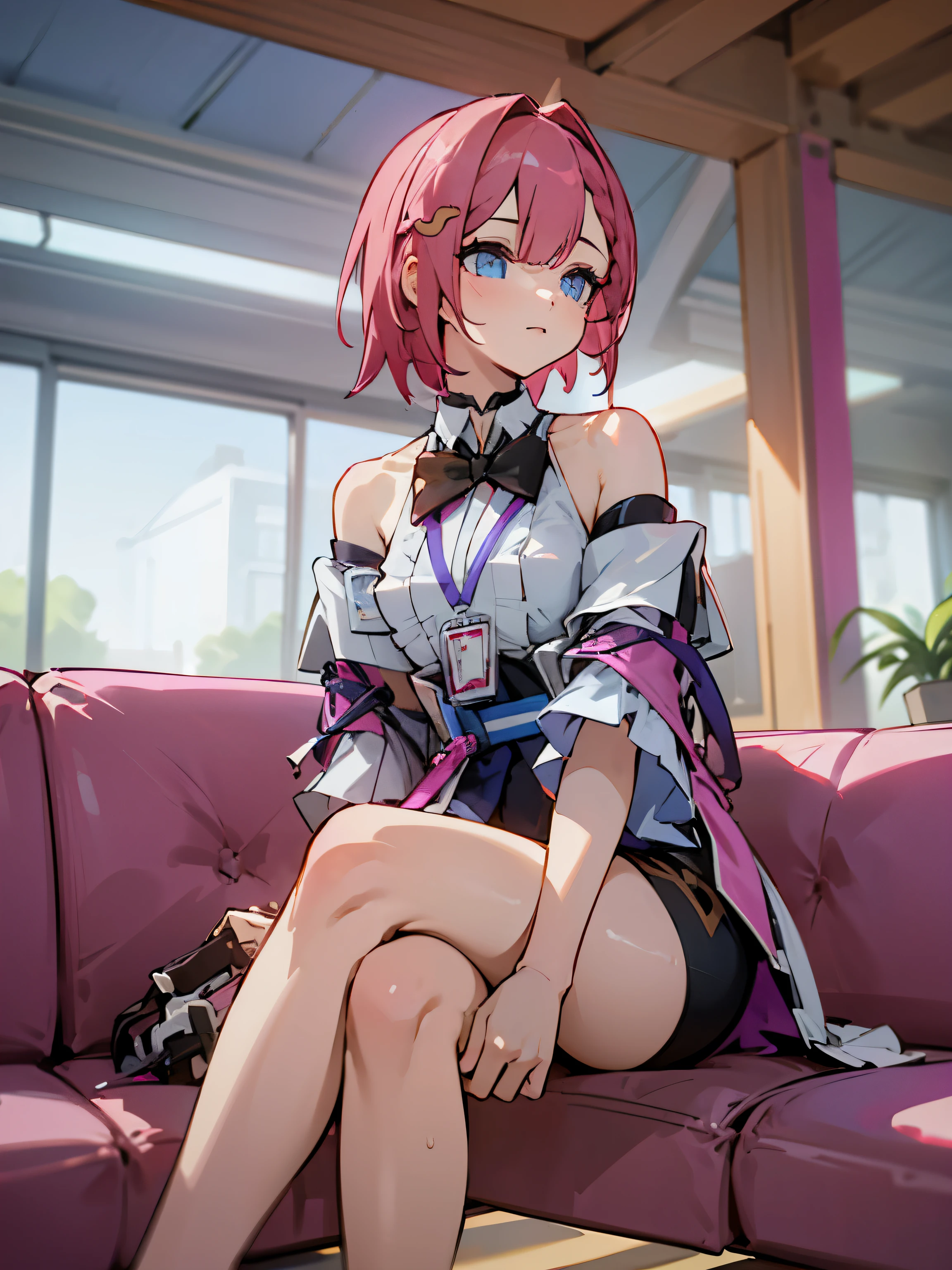 1girl, asta from honkai star rail, pink short hair, short ponyside hair, blue eyes, wearing her outfit, doing daily activities, indoor, very detailed background, many furnitures, masterpiece, highres, ultrahd,