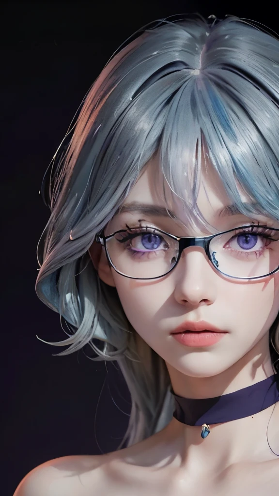 masterpiece, best quality, 8k,masterpiece, (masterpiece, best quality, high resolution), Color paint background（(acrylic paint, (splash of color, splash ink, splash of color)） ,  Detailed skin texture, Detailed fabric texture, beautifull detailed face, intricate details, Super detailed, Portrait of Rei Ayanami, blue hair, blue eyes, wear glasses（focus），head tilt,super huge 