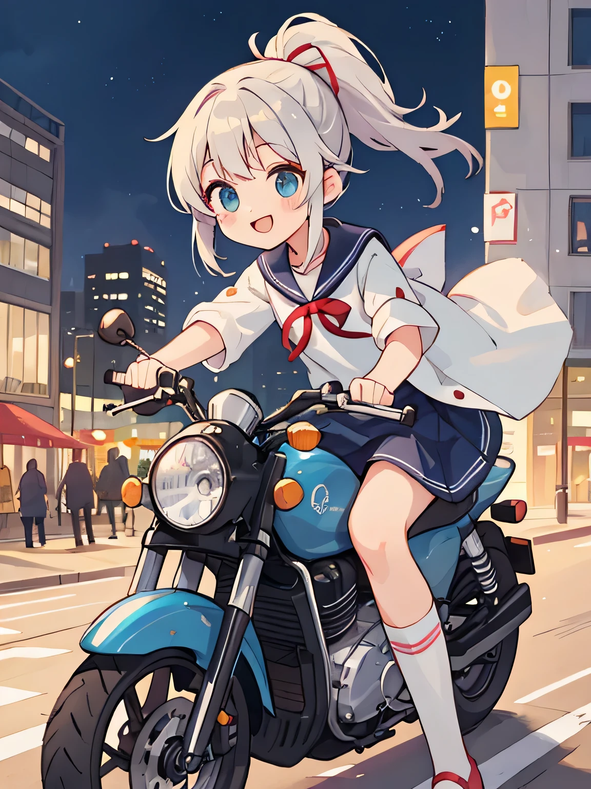 highest quality、detailed background、beautiful and detailed face、beautiful and smooth skin、Cute beautiful Iful Girl、Cute character wearing a sailor suit、
The costume is an elegant dress with a sailor collar and ribbon..、white knee high socks、Cute Ponytail、
Let's ride around town on a cool bike、Can drive at high speed even in the city, So that you can enjoy the view of the city.、smile