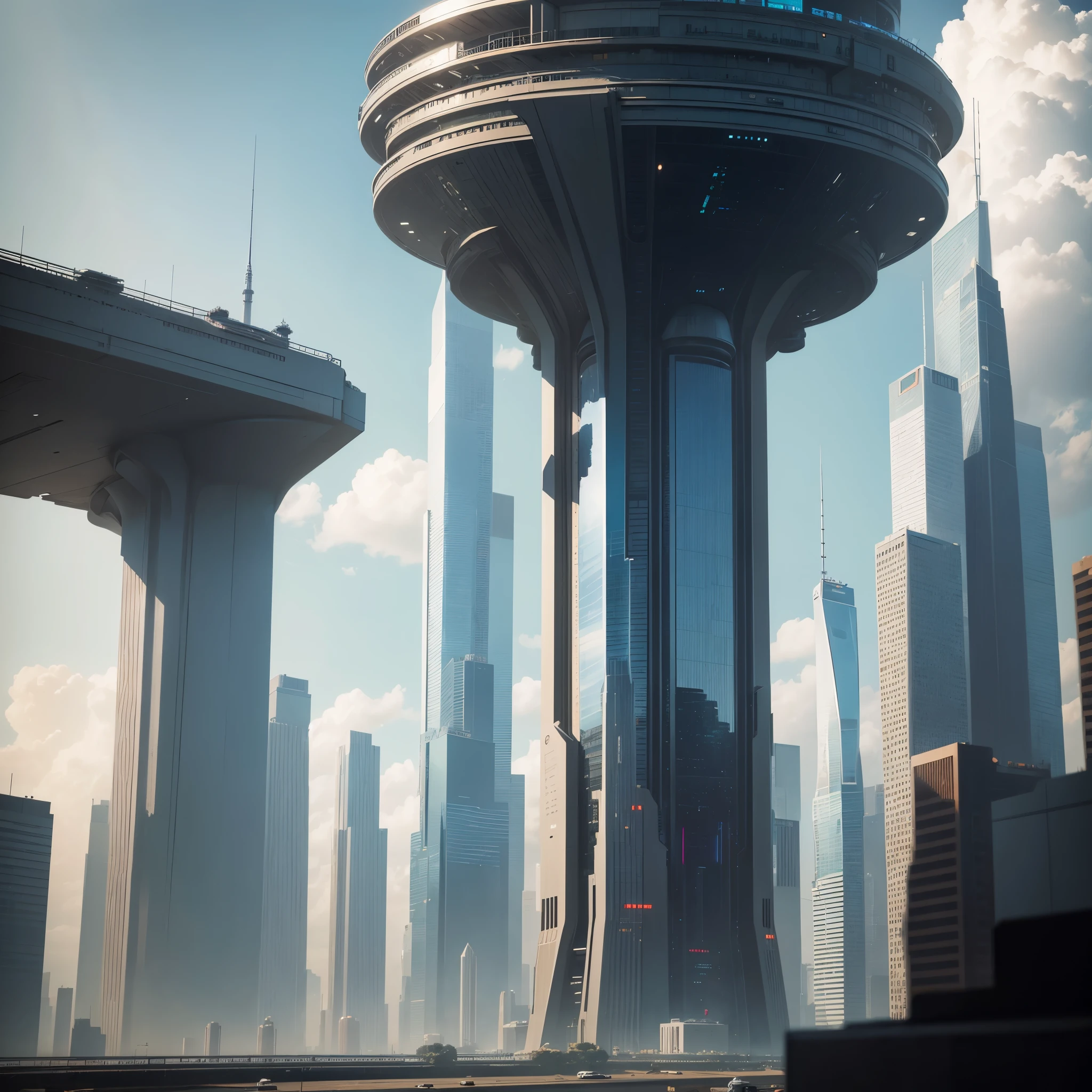 Best Quality,4K,in 8K,hight resolution,masutepiece:1.2),Ultra-detailed,(Realistic,Photorealistic,Photorealsitic:1.37),Cyberpunk,A futuristic world,Tall skyscraper,planet earth,Sci-Fi Art,Imaginative,sci-fi fantasy,Futuristic city,High resolution,Futuristic glass skyscraper towering over the skyline，StarWars，