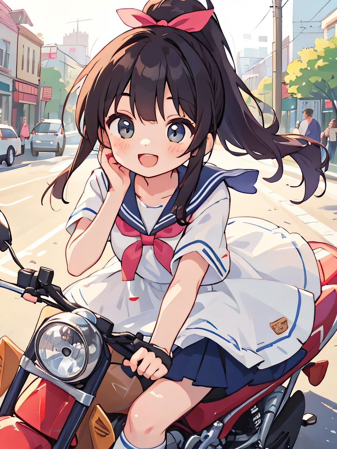 highest quality、detailed background、beautiful and detailed face、beautiful and smooth skin、Cute beautiful Iful Girl、Cute character wearing a sailor suit、
The costume is an elegant dress with a sailor collar and ribbon..、white knee high socks、Cute Ponytail、
Let&#39;s ride around town on a cool bike、Can drive at high speed even in the city, So that you can enjoy the view of the city.、smile