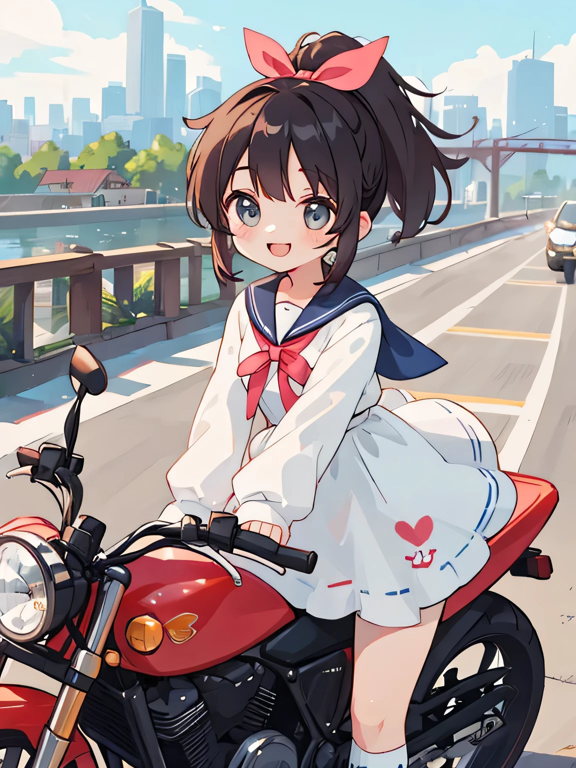 highest quality、detailed background、beautiful and detailed face、beautiful and smooth skin、Cute beautiful Iful Girl、Cute character wearing a sailor suit、
The costume is an elegant dress with a sailor collar and ribbon..、white knee high socks、Cute Ponytail、
Let's ride around town on a cool bike、Can drive at high speed even in the city, So that you can enjoy the view of the city.、smile