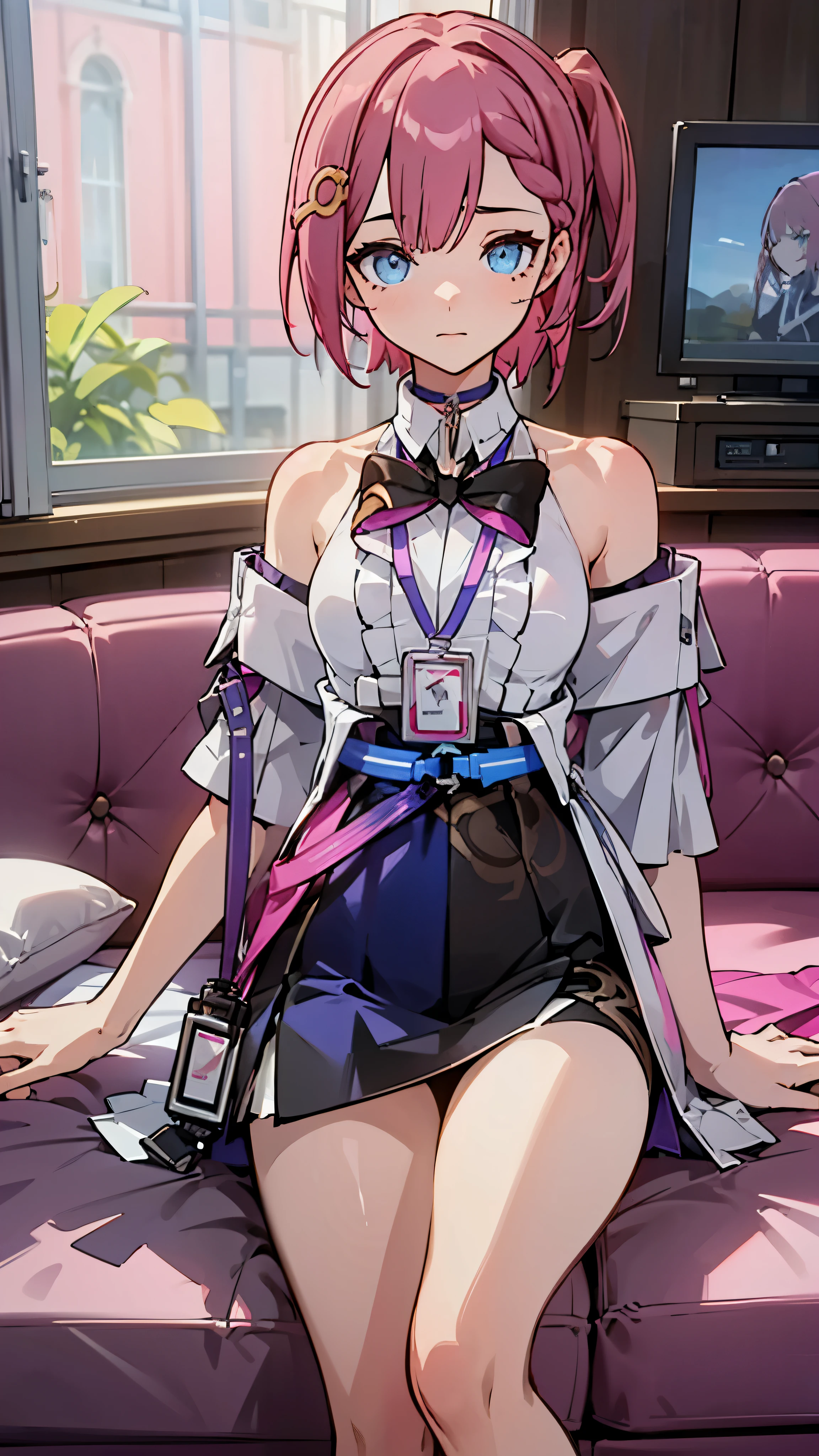 1girl, asta from honkai star rail, pink short hair, short ponyside hair, blue eyes, wearing her outfit, doing daily activities, indoor, very detailed background, many furnitures, masterpiece, highres, ultrahd,