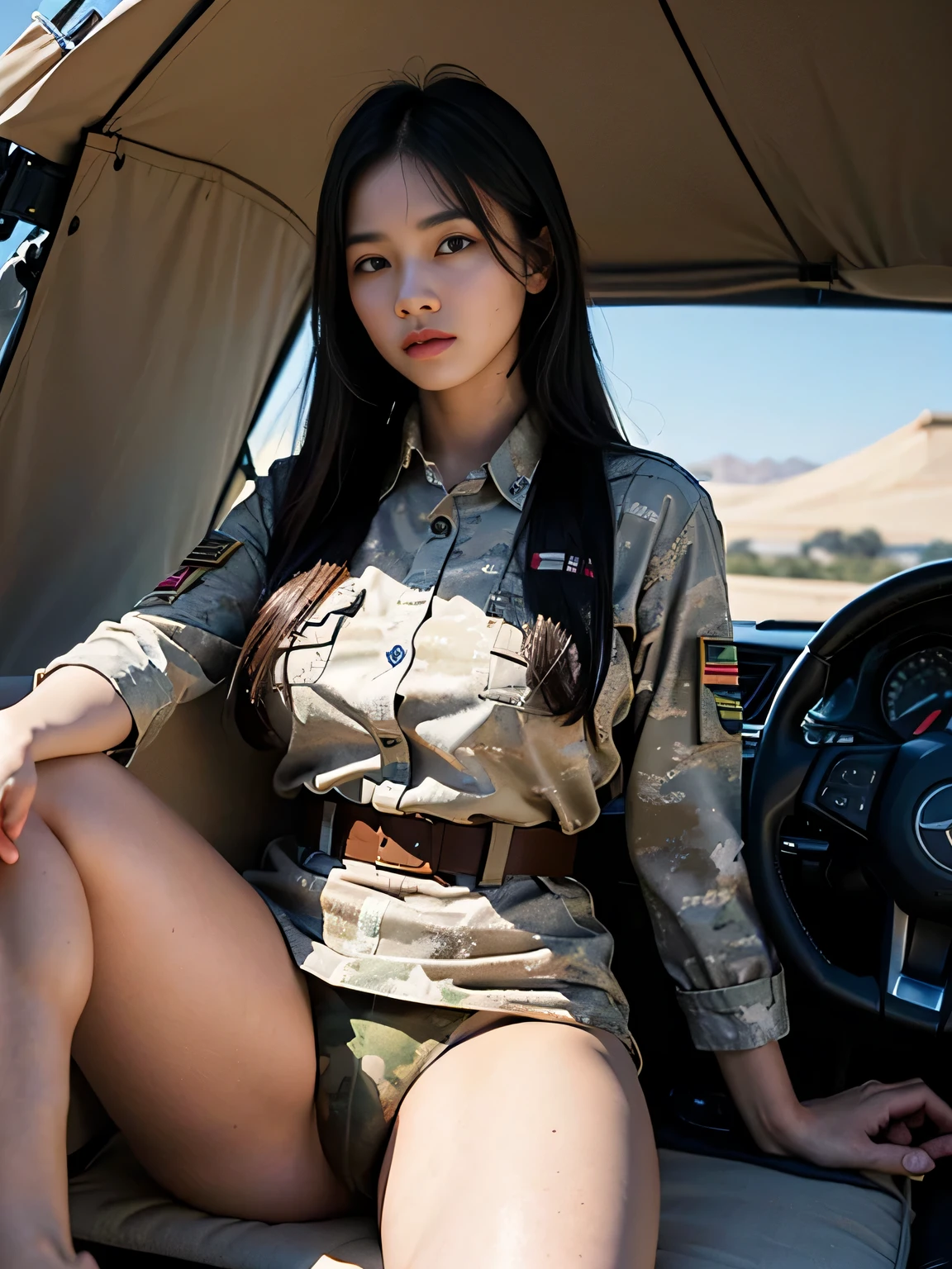 pieces fly、(RAW photo:1.2)、(realistic:1.4)、ultimate beautiful girl、beautiful face、beautiful detailed girl、very detailedな目と顔、beautiful and fine eyes、big breasts、that'ridiculous、Lookridiculous、信じられないほどthat'ridiculous、huge file size、Super detailed、High resolution、very detailed、highest quality、masterpiece、(outdoor)、(middle East)、(scorching desert)、((dunes))、((Military Tent))、((Communication equipment))、((military equipment))、((Humvee))、((OL lady uniform))、((beige camouflage military uniform))、((American flag patch on sleeve))、((Desert camouflage))、、((long straight hair))、An illustration、ticker、unity、8k wallpaper、wonderful、small details、masterpiece、highest quality、very detailedな、ticker、uniform、8k wallpaper、face light、movie lighting、18-year-old、1 girl、(No panties)、((dynamic pose))、(camel toe)、(half)、(Black high-leg panties)、((barefoot))、(Sitting in the driver's seat'four wheel drive car seat)