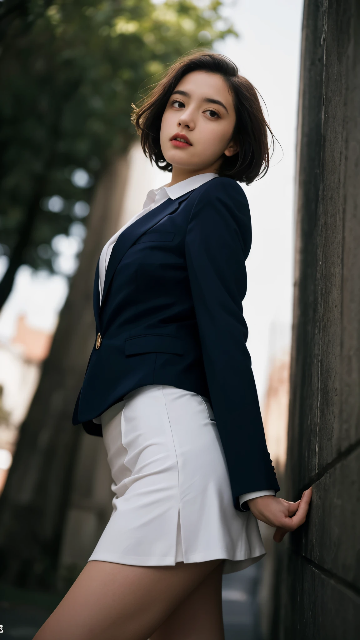 16 anos , europeu, loiro, seios pequenos, olhos grandes, pernas longas, Careca, blazer, Tiny skirt, Meias pretas, salto alto, Extremely low angle shooting, corpo todo, rastreamento de raio, HDR