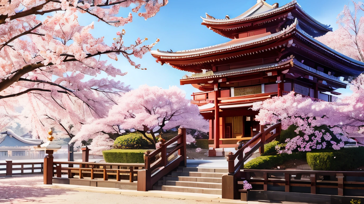 Beautiful temple scene, spring, cherry blossoms, 16:9 ratio image,  main color is red